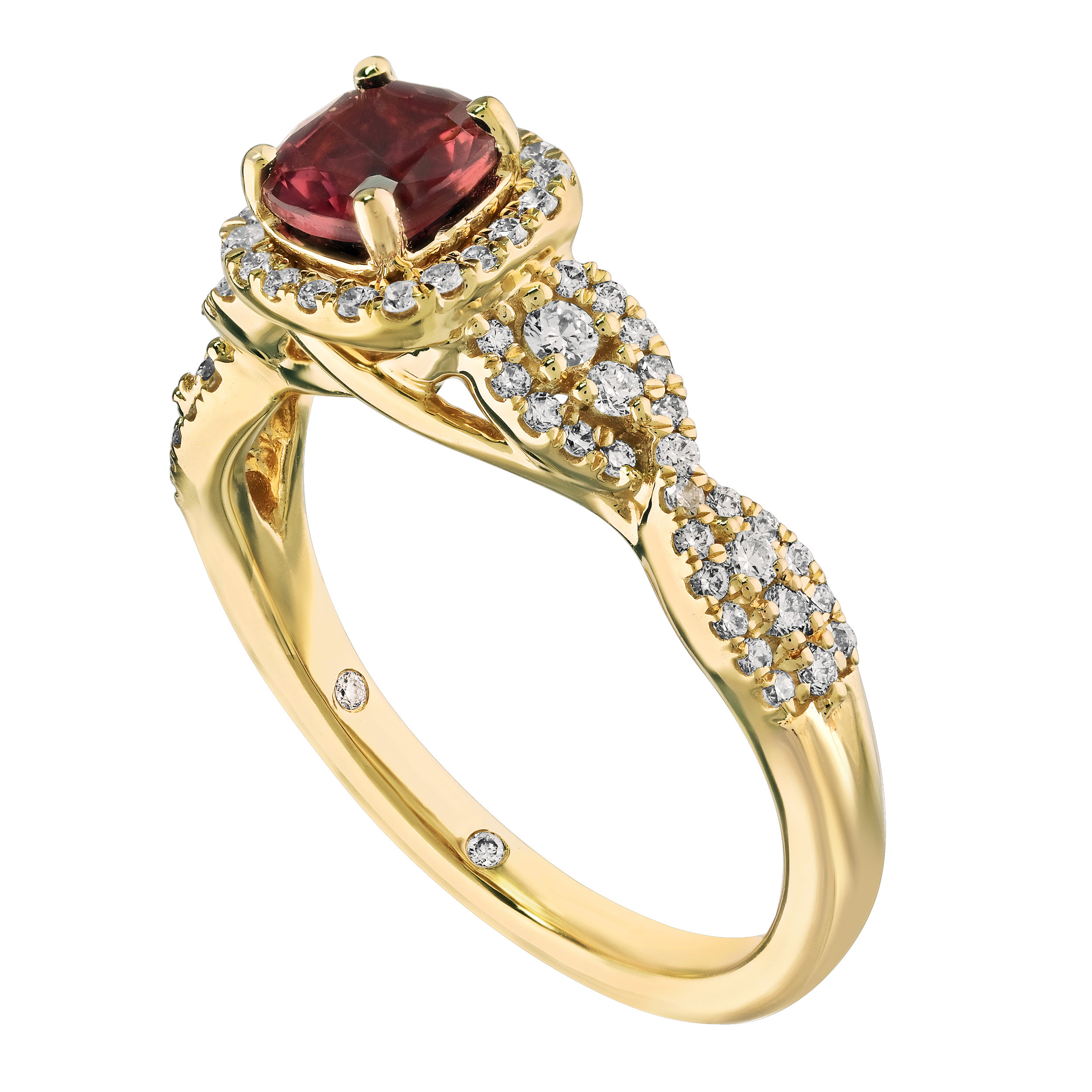 RedVelvet&trade; 14K Yellow Gold Prong Set Center Cushion Halo Woven Prong Set Diamond Shoulders Ring 0.97 Ctw Natural Rubellite