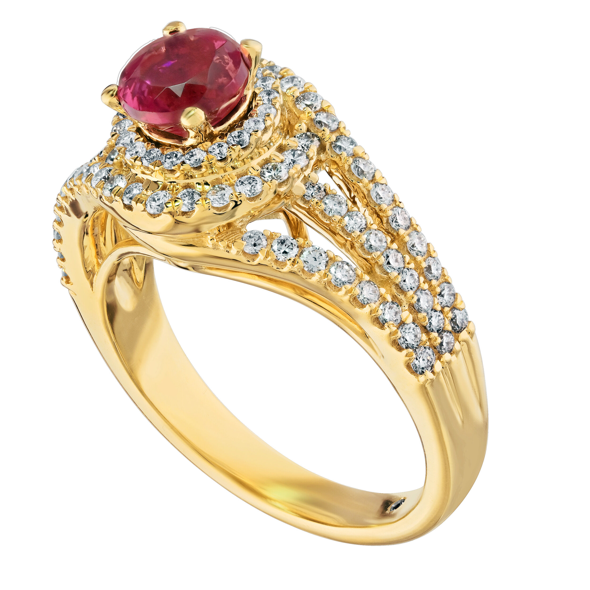 RedVelvet&trade; 14K Yellow Gold Prong Set Center with Double Halo Triple Split Shoulders Ring 1.49 Ctw Natural Rubellite
