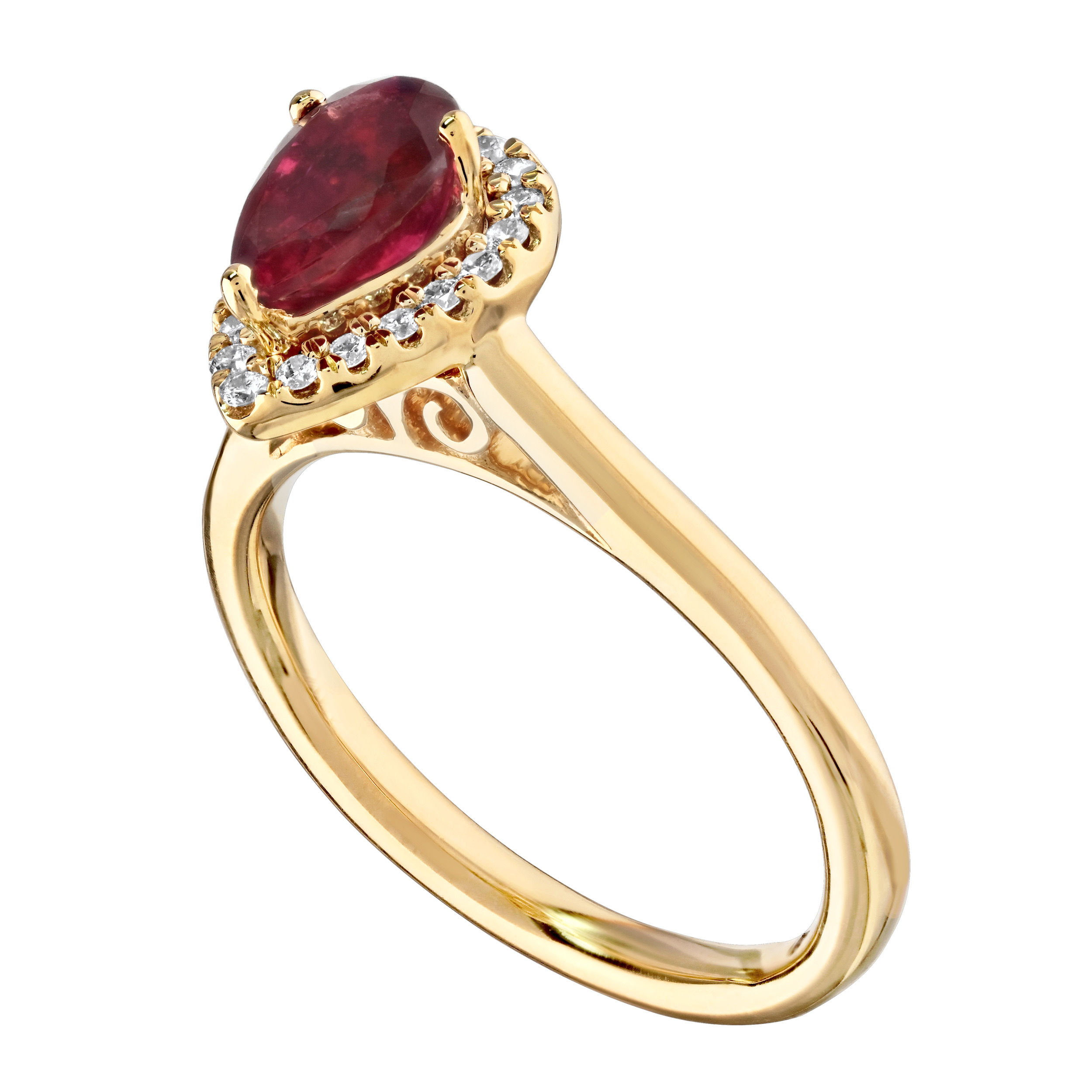 RedVelvet&trade; 14K Yellow Gold Pear Halo with Plain Shank Ring 1.03 Ctw Natural Rubellite