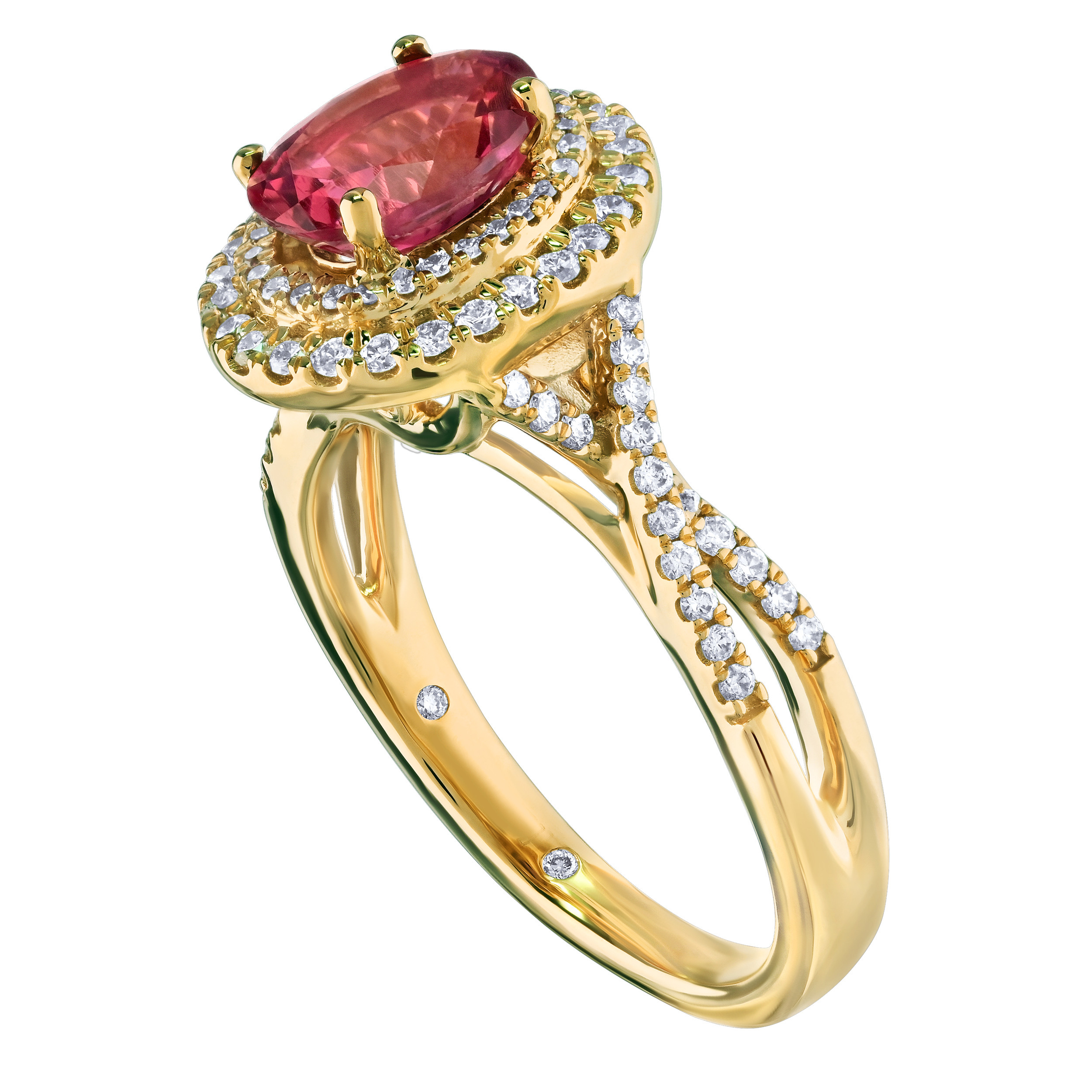 RedVelvet&trade; 14K Yellow Gold Oval Rubellite Double Halo Crossover Shoulders 95 Stones 1 1/2 Ctw Ring 1.60 Ctw Natural Rubellite