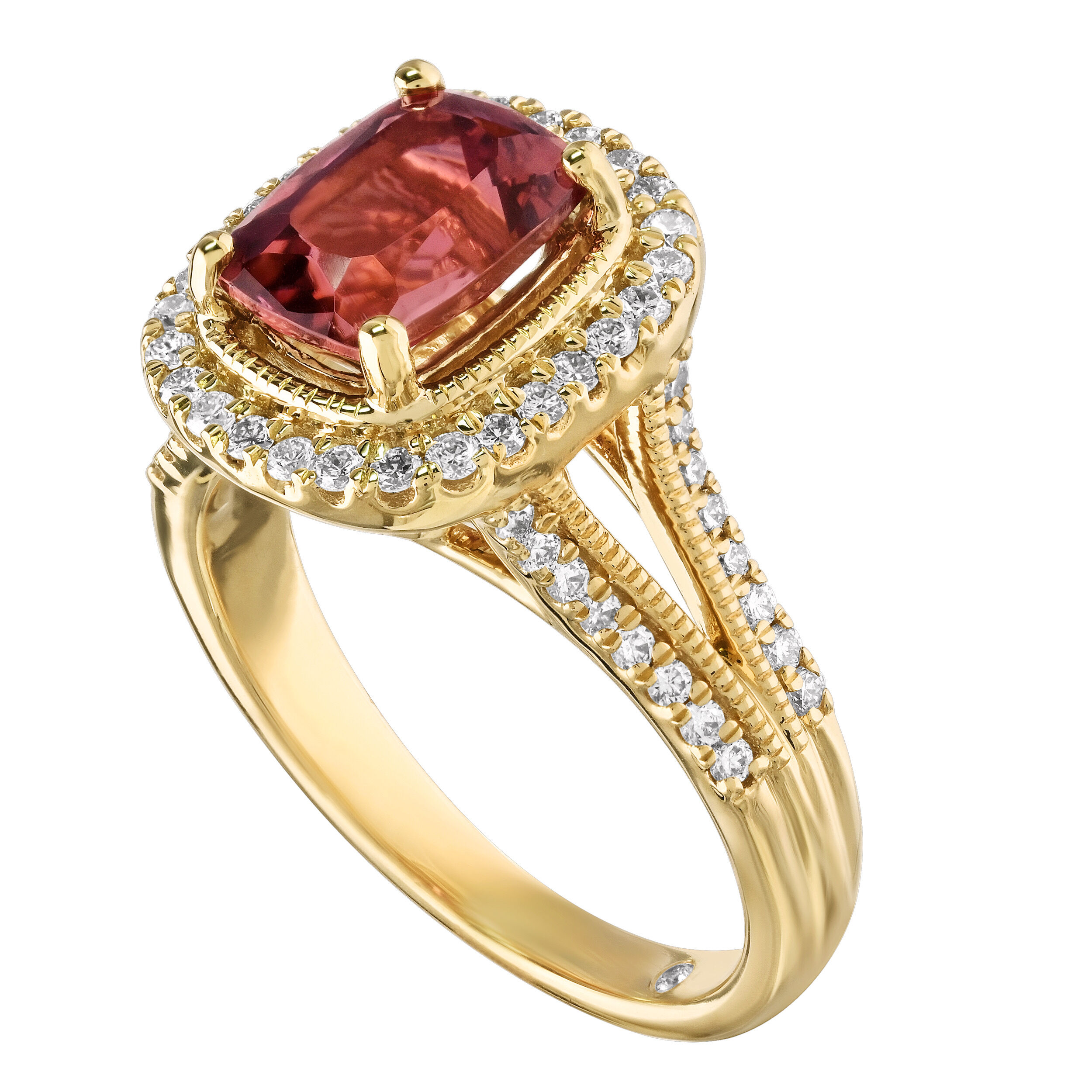 RedVelvet&trade; 14K Yellow Gold Elongated Cushion with Halo Split Shank Ring 2.47 Ctw Natural Rubellite