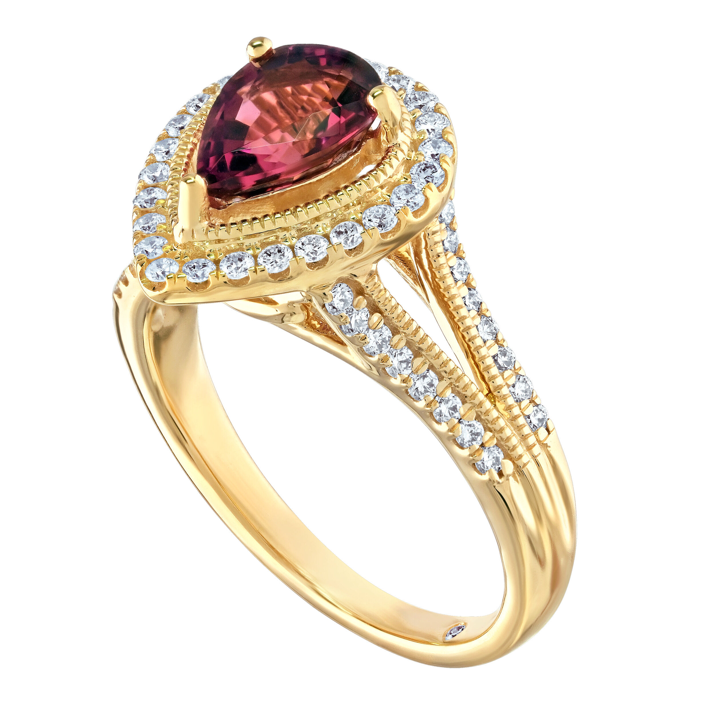 RedVelvet&trade; 14K Yellow Gold Pear-Shape Halo with Textured Bezel Split Shank Ring 1.52 Ctw Natural Rubellite