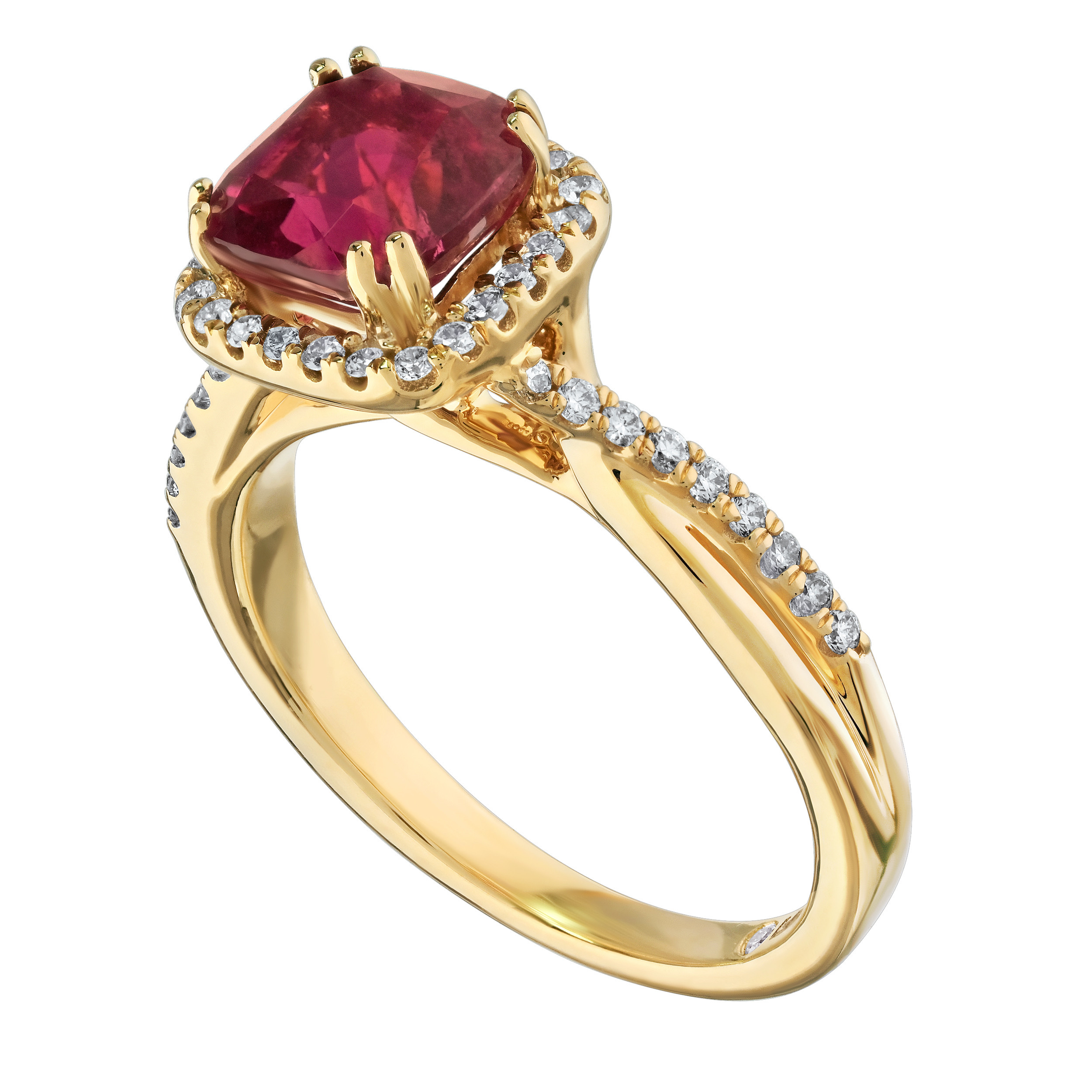 RedVelvet&trade; 14K Yellow Gold Square Cushion Halo Crossover Shoulders Ring 2.08 Ctw Natural Rubellite