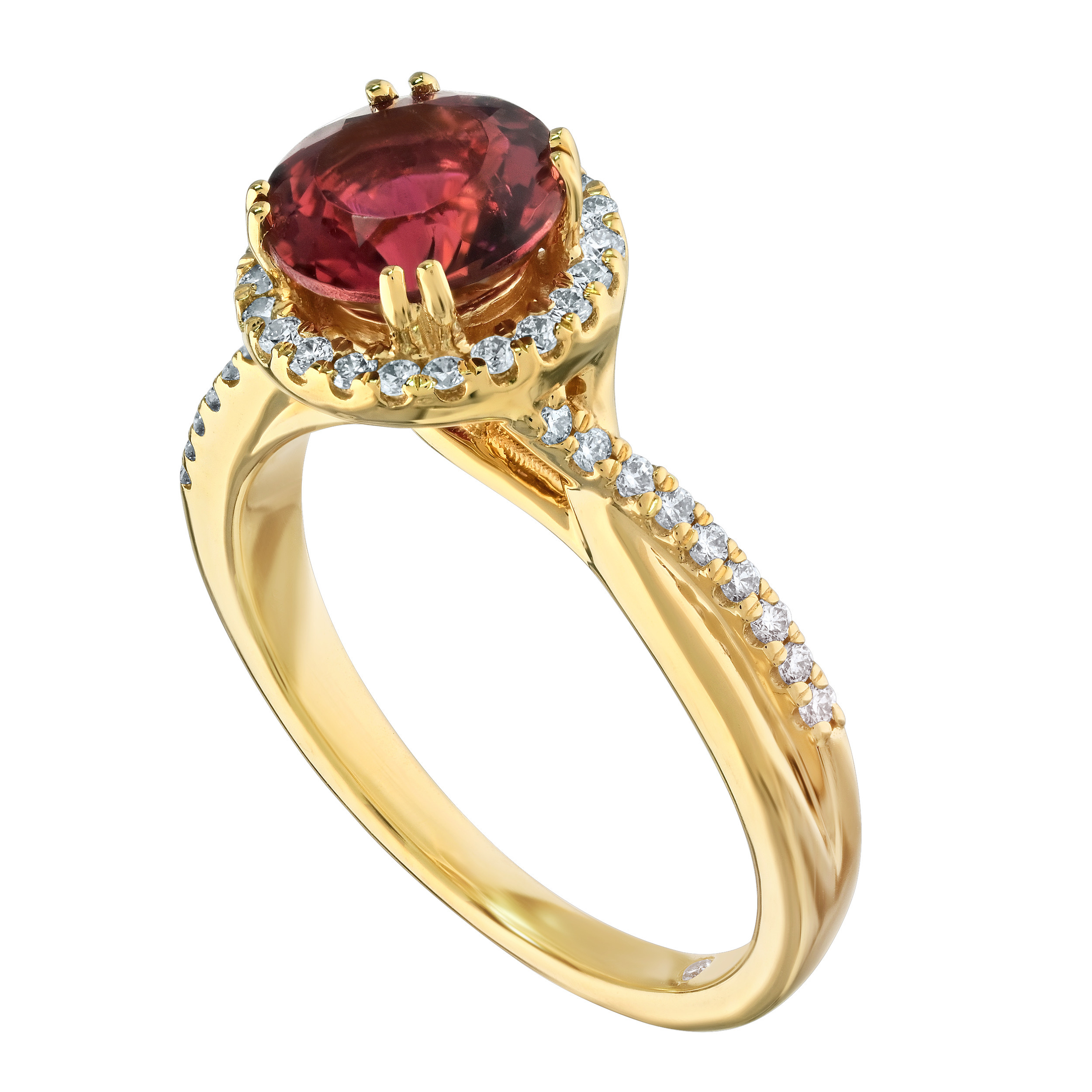 RedVelvet&trade; 14K Yellow Gold Round Halo with Crossover Shoulders Ring 1.81 Ctw Natural Rubellite