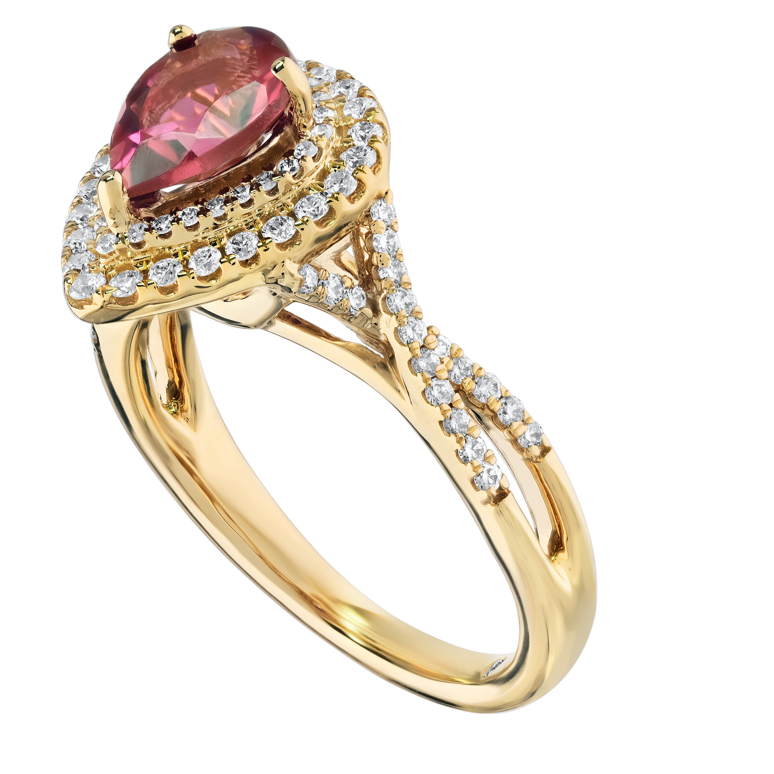 RedVelvet&trade; 14K Rose Gold Pear-Shape Double Halo with Crossover Shoulders Ring 1.50 Ctw Natural Rubellite