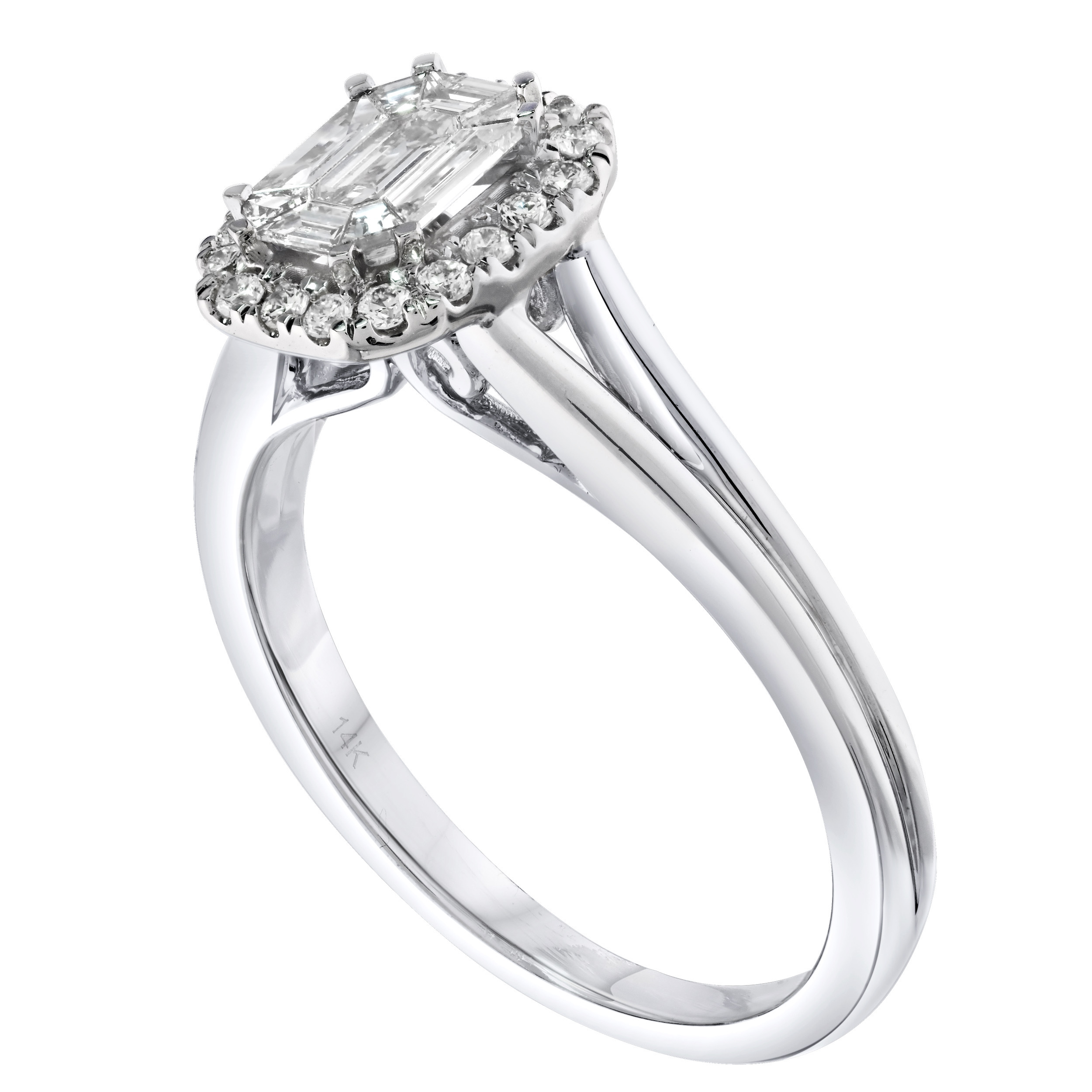 Compozit&trade; 14K White Gold Emerald Shape Halo Split Shank Ring Diamond 0.48 Ctw Cutting Edge Technology