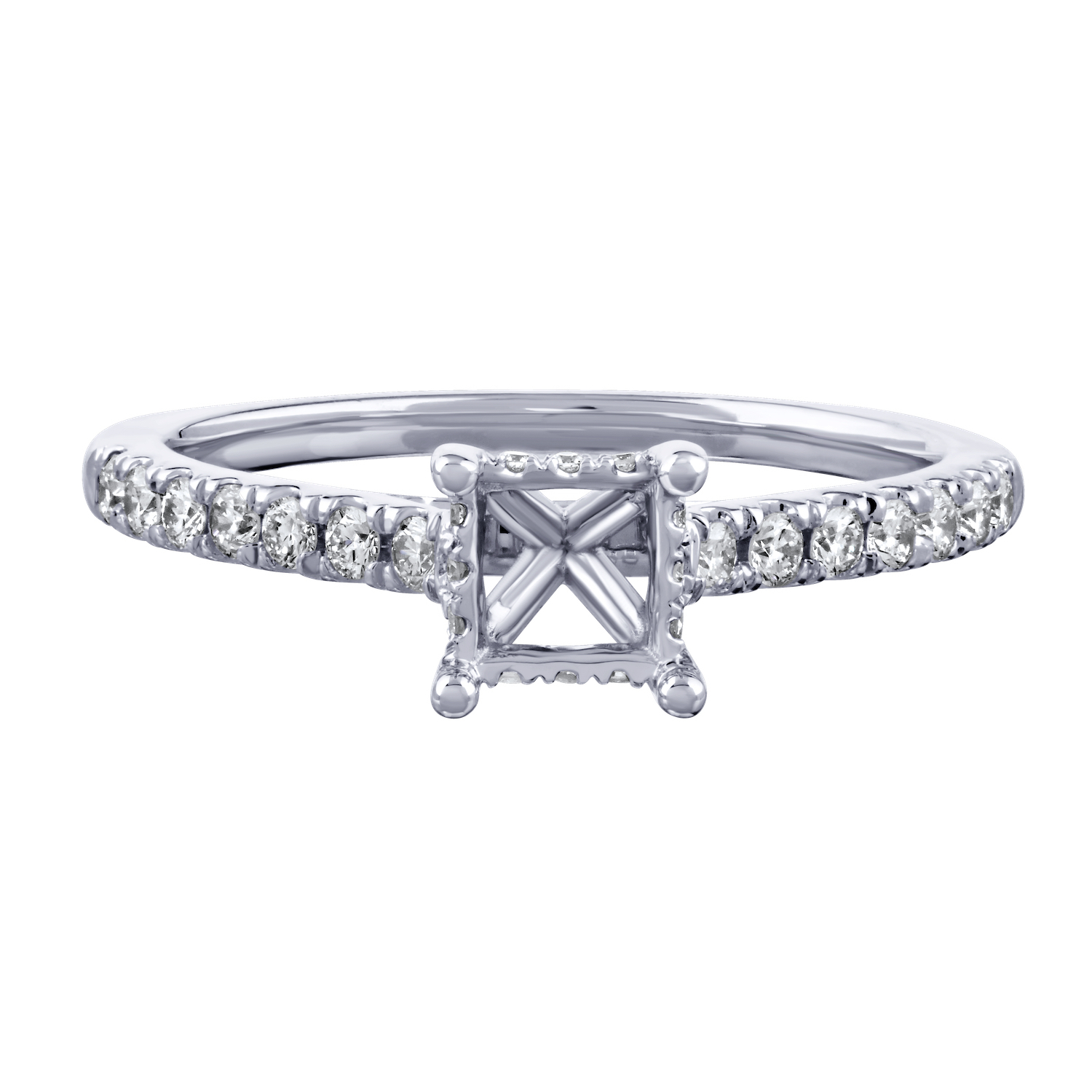 Bridal Collection 14K White Gold Semi-Mount Square Center Swept Up Shared Prong Swept Up Shoulders Hidden Halo Diamond 0.32 Ctw