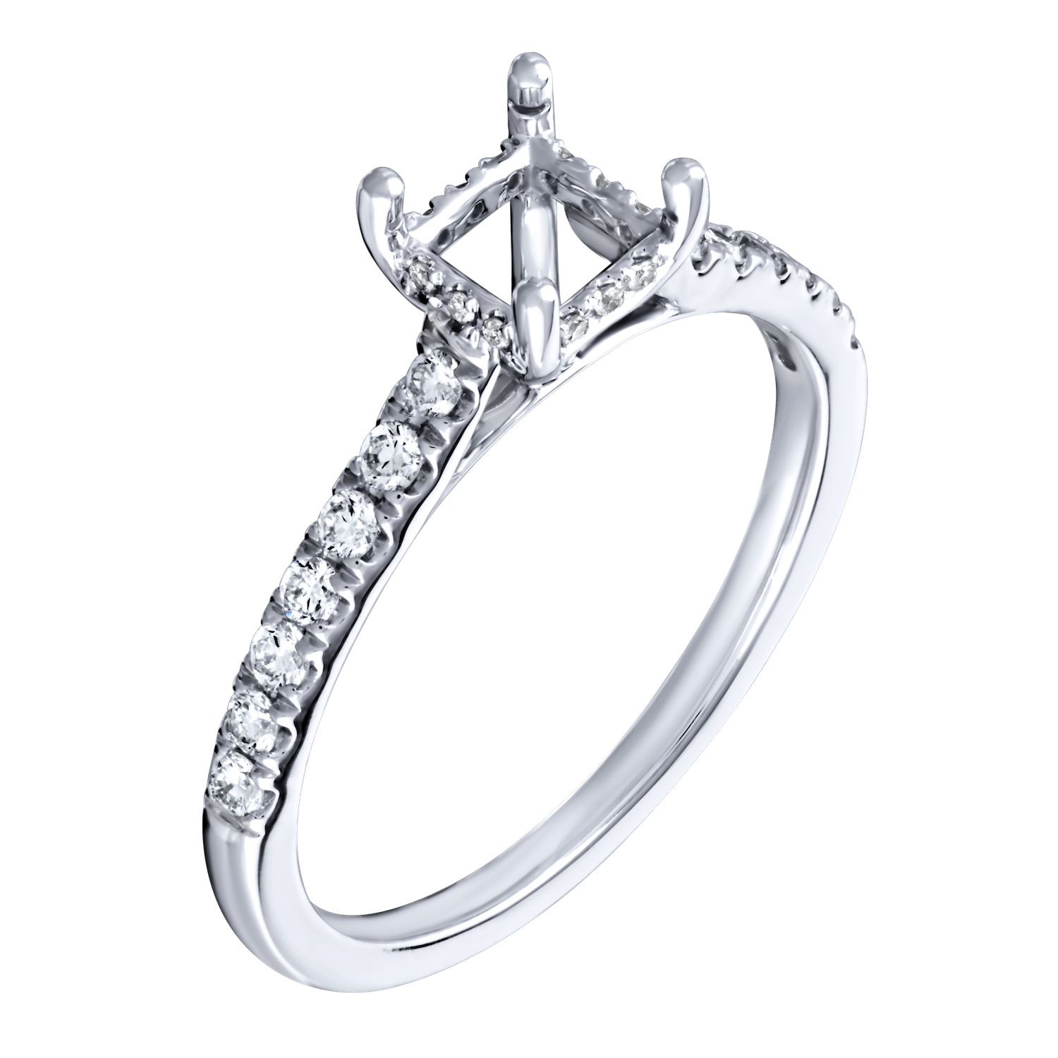 Bridal Collection 14K White Gold Semi-Mount Square Center Swept Up Shared Prong Swept Up Shoulders Hidden Halo Diamond 0.32 Ctw