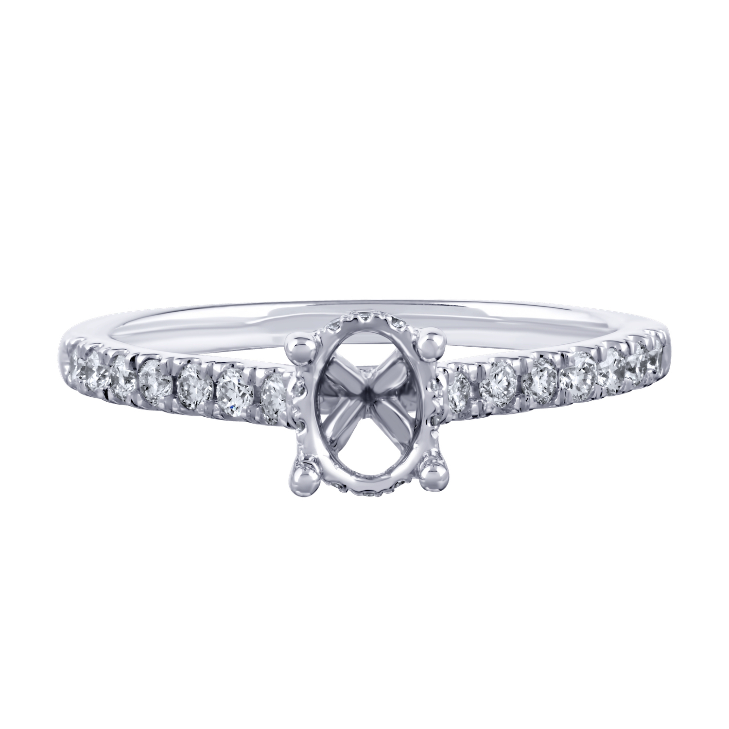 Bridal Collection 14K White Gold Semi-Mount Oval Center Swept Up Shared Prong Swept Up Shoulders Hidden Halo Diamond 0.32 Ctw