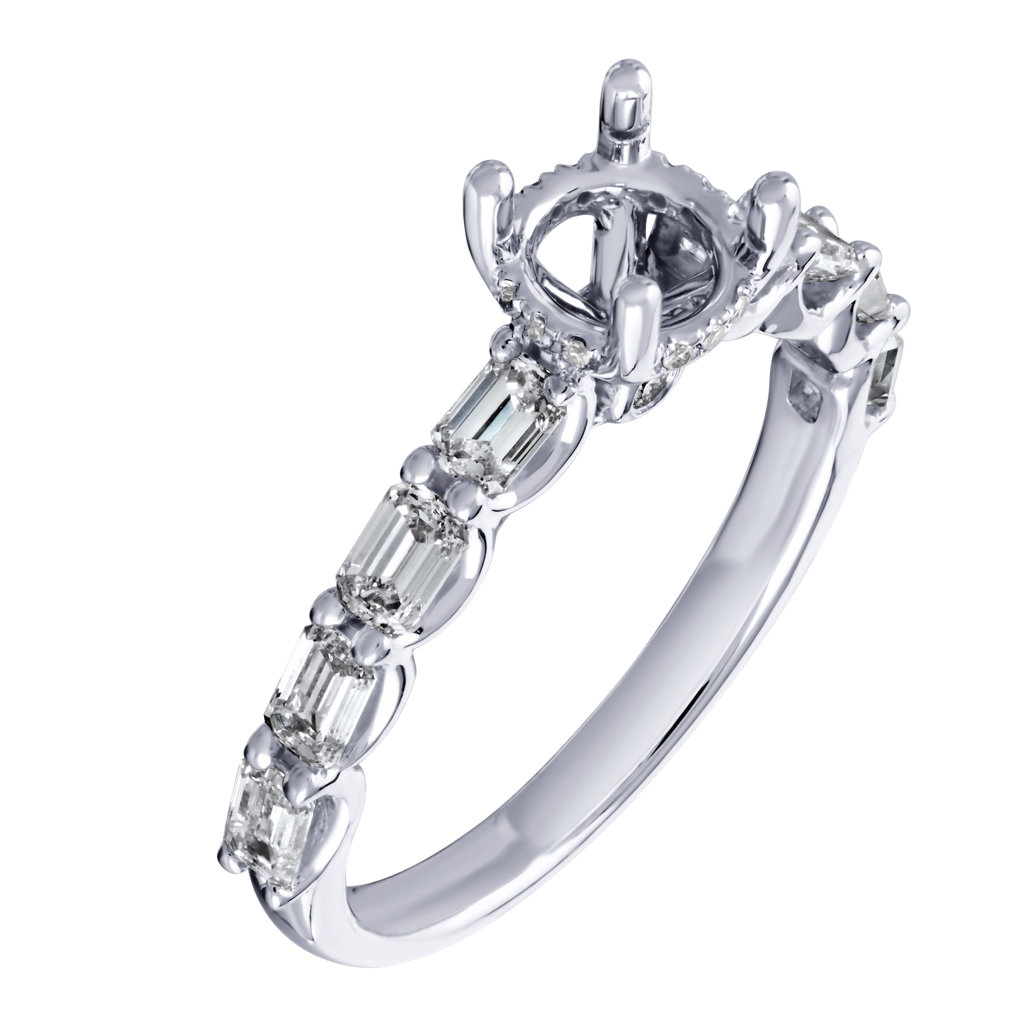 Bridal Collection 14K White Gold Semi-Mount Center Prong Set Emerald Cut Shoulders Hidden Halo 2.00