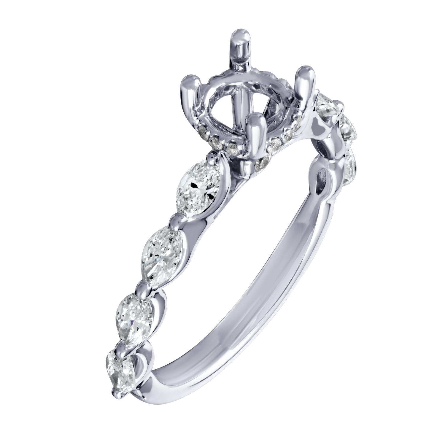 Bridal Collection 14K White Gold Semi-Mount Round Center Prong Set Marquise Shoulders Diamond 0.72 Ctw