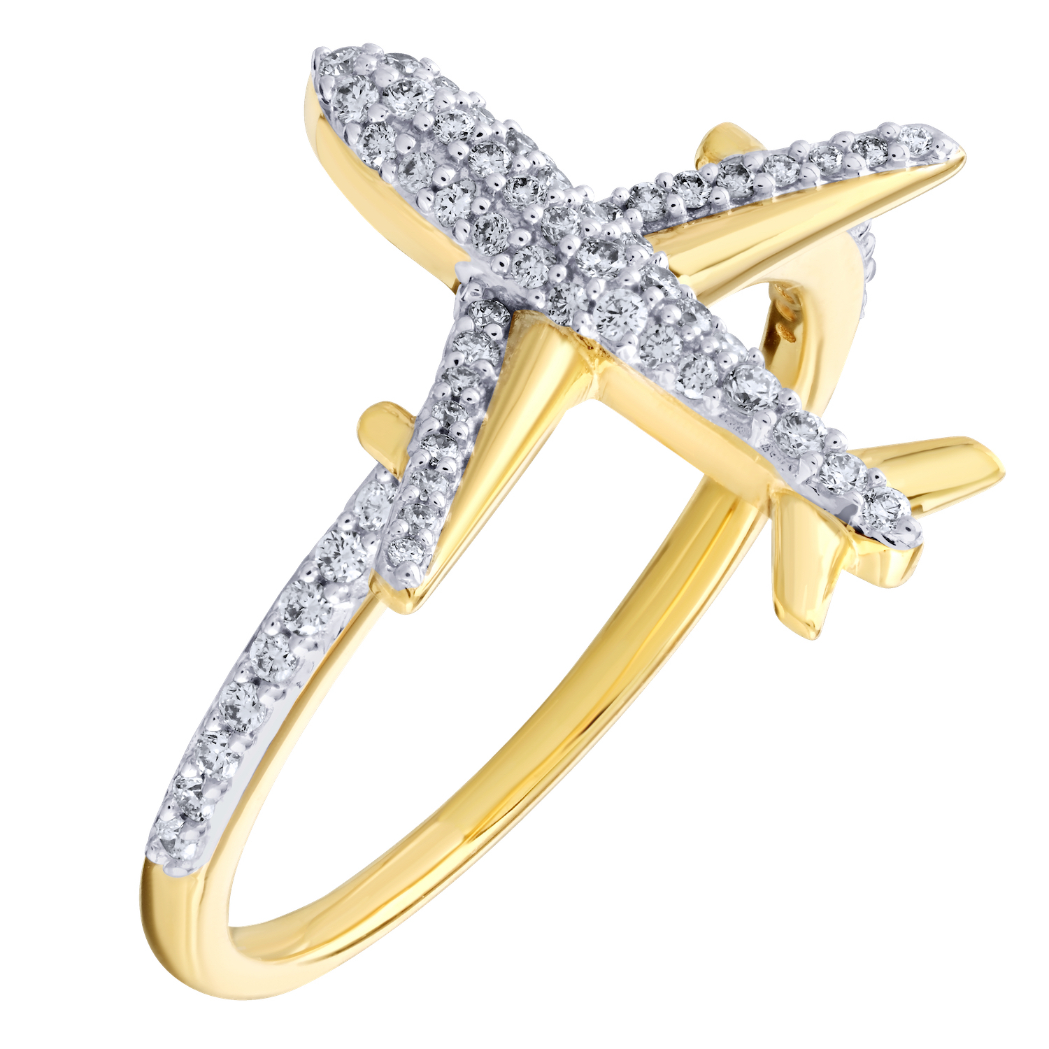 14K Yellow Gold Plane with Pave Set Body & Wings Diamond Ring 0.24 Ctw