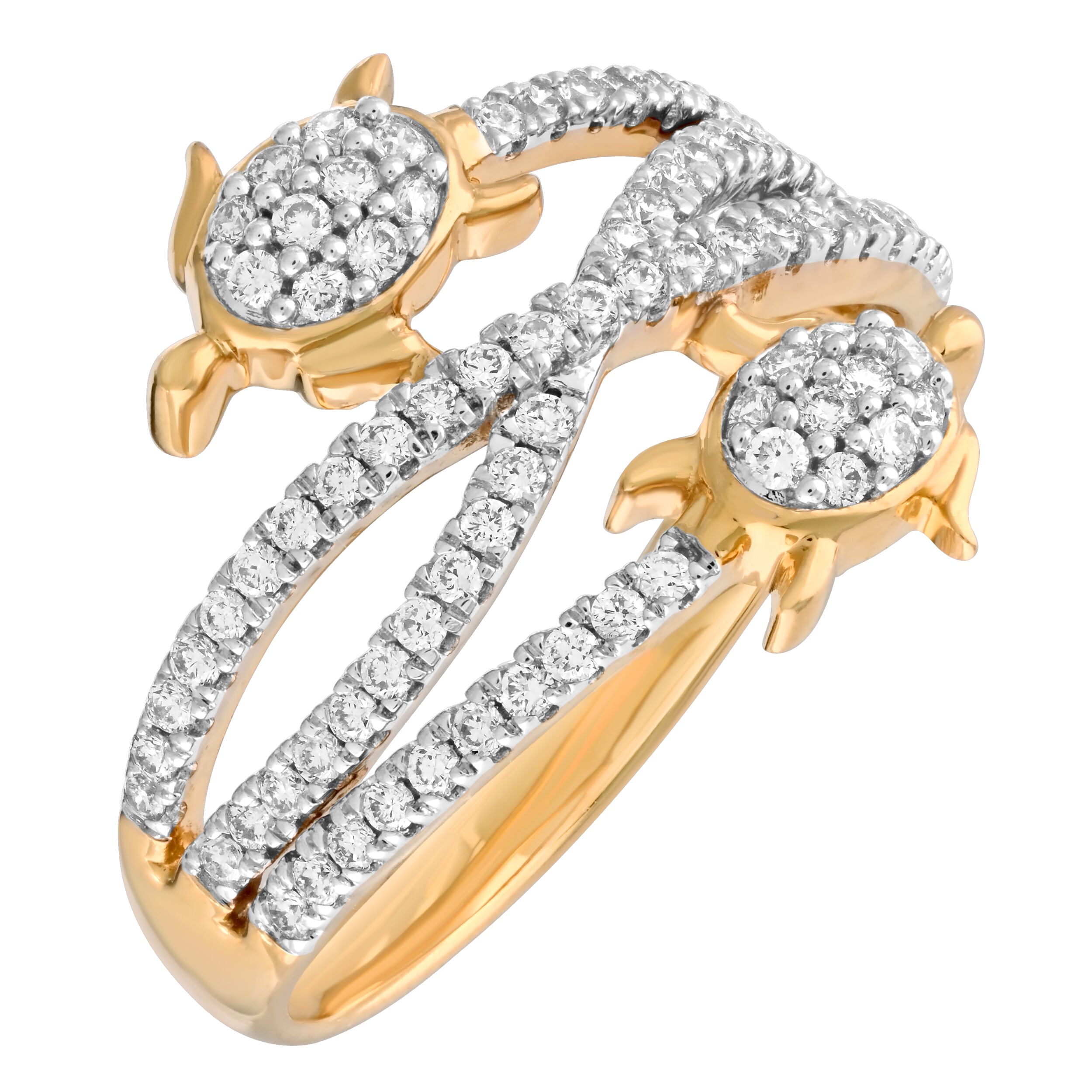 Oceanity&trade; 14K Yellow Gold Ring Pave Turtles Wrap with Crossover Diamond 0.45 Ctw