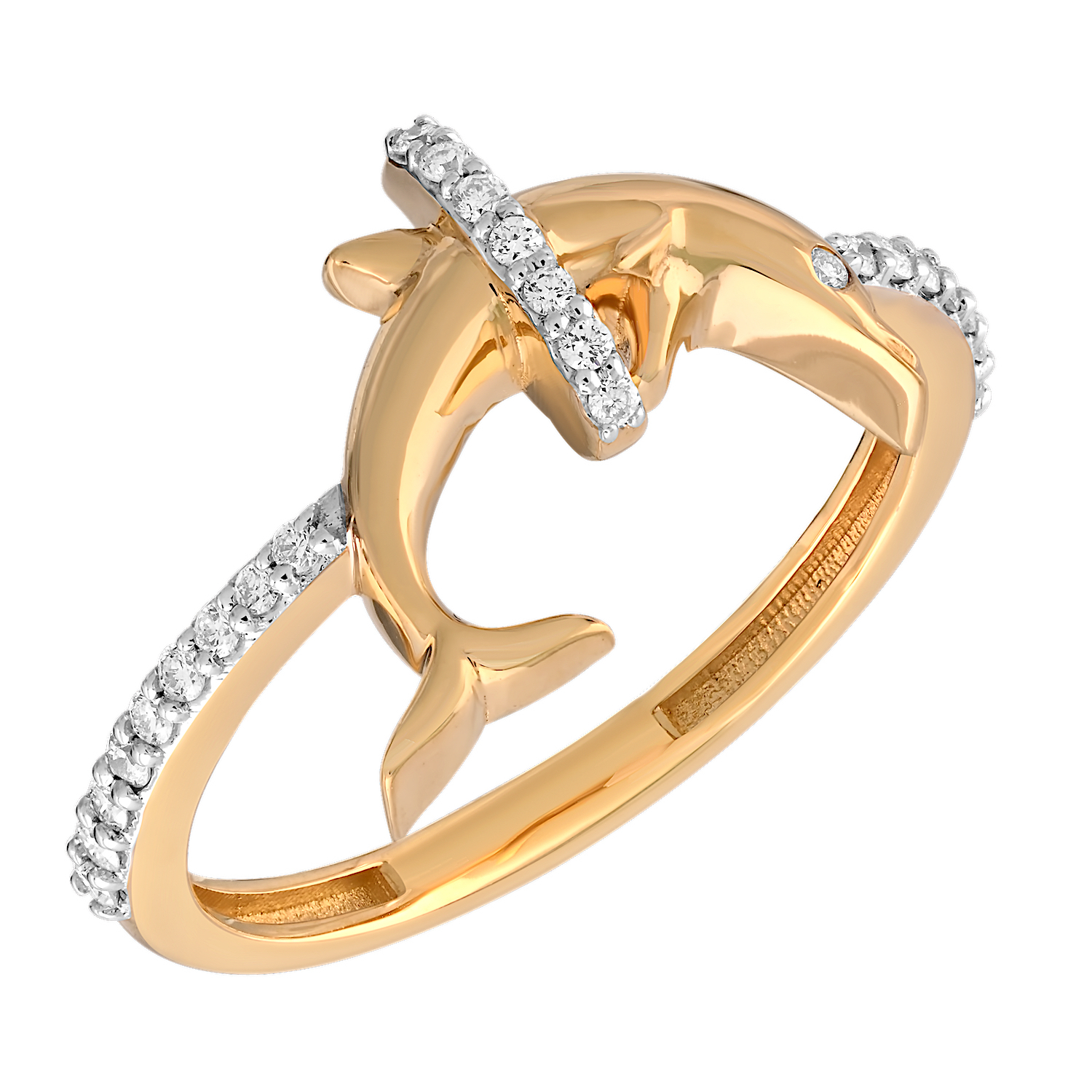 Oceanity&trade; 14K Yellow Gold Ring Polished Dolphin on Diamond Shank Diamond 16.00 Ctw