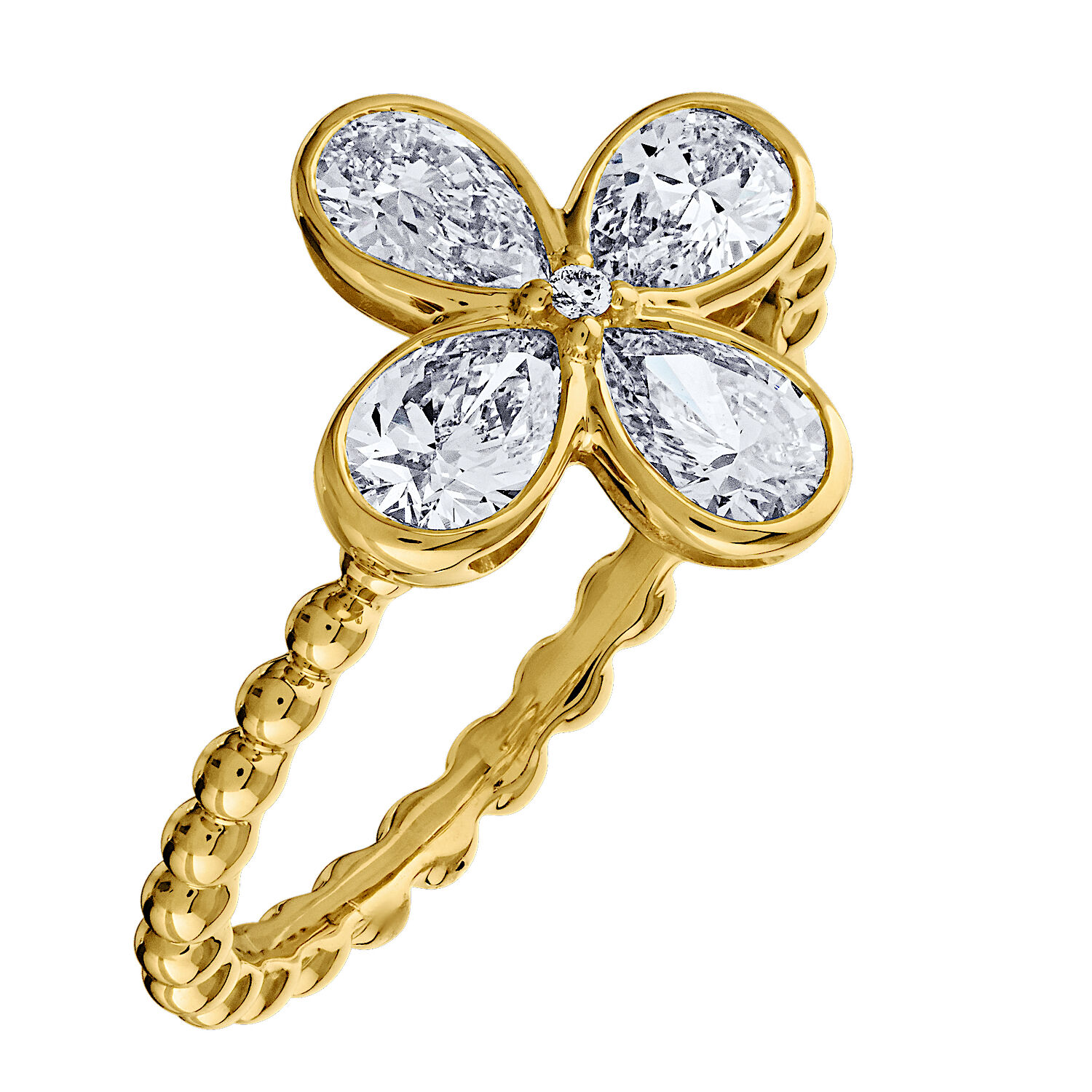 14K Yellow Gold Clover Shape Center Beaded Shank Diamond Ring 0.97 Ctw