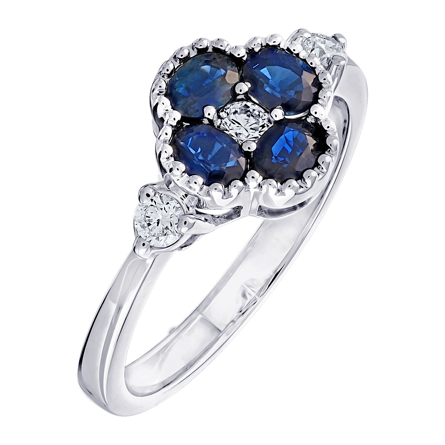Majestic Gems&trade; 14k White Gold Color Clover Milgrain Edge Diamond Shoulder & Center Blue Sapphire & Diamond 0.76 Ctw