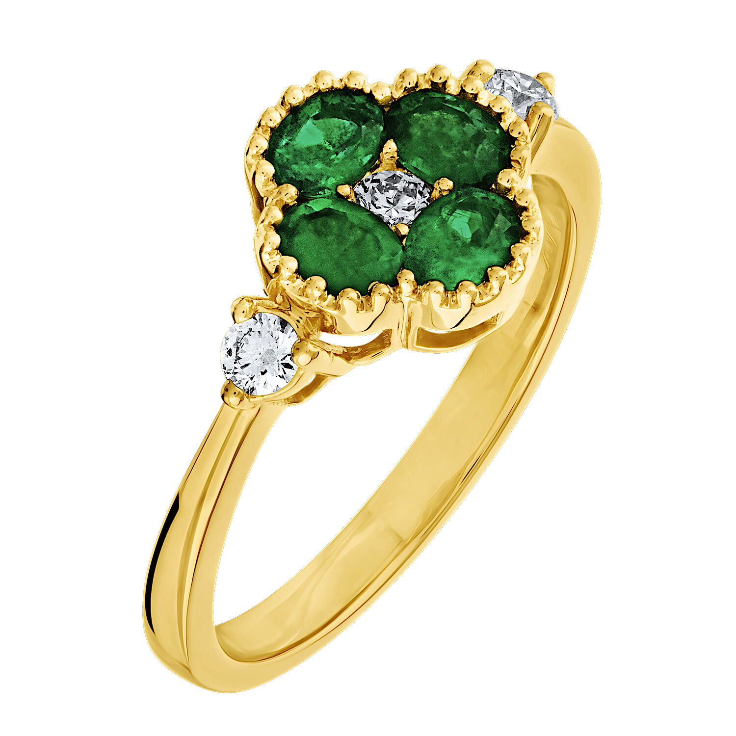 Majestic Gems&trade; 14k Yellow Gold Color Clover Milgrain Edge Diamond Shoulder & Center Emerald & Diamond 0.76 Ctw