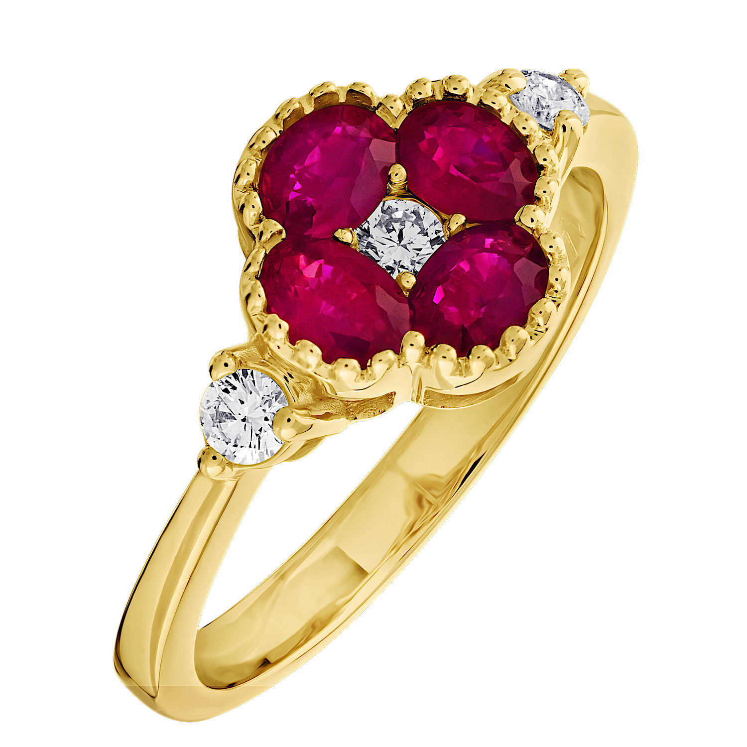 Majestic Gems&trade; 14k Yellow Gold Color Clover Milgrain Edge Diamond Shoulder & Center Ruby & Diamond 0.76 Ctw