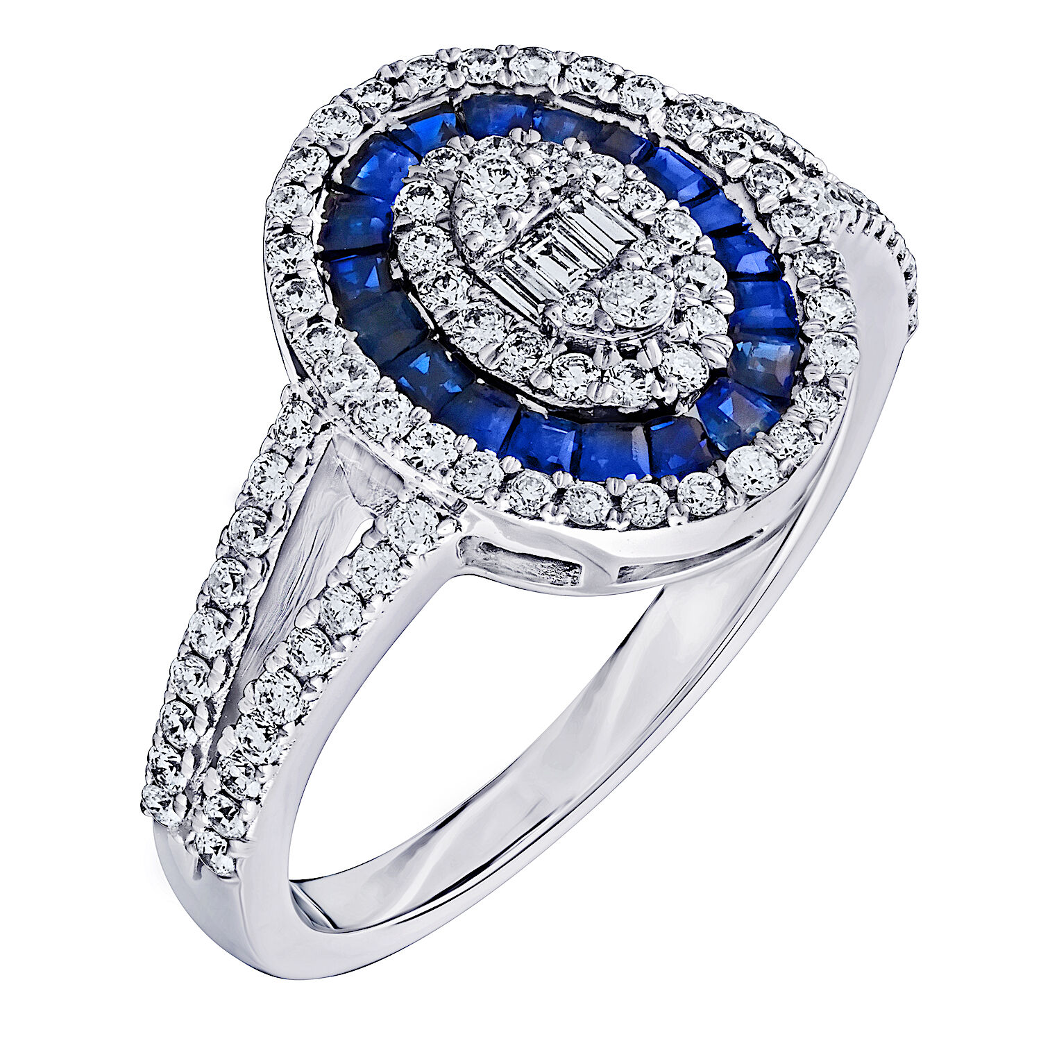 Vintage Treasures&trade; 14k White Gold Antique Style Round Halo Baguette Sapphire & Round Diamonds Split Shank Ring Diamond & Blue Sapphire 1.02 Ctw