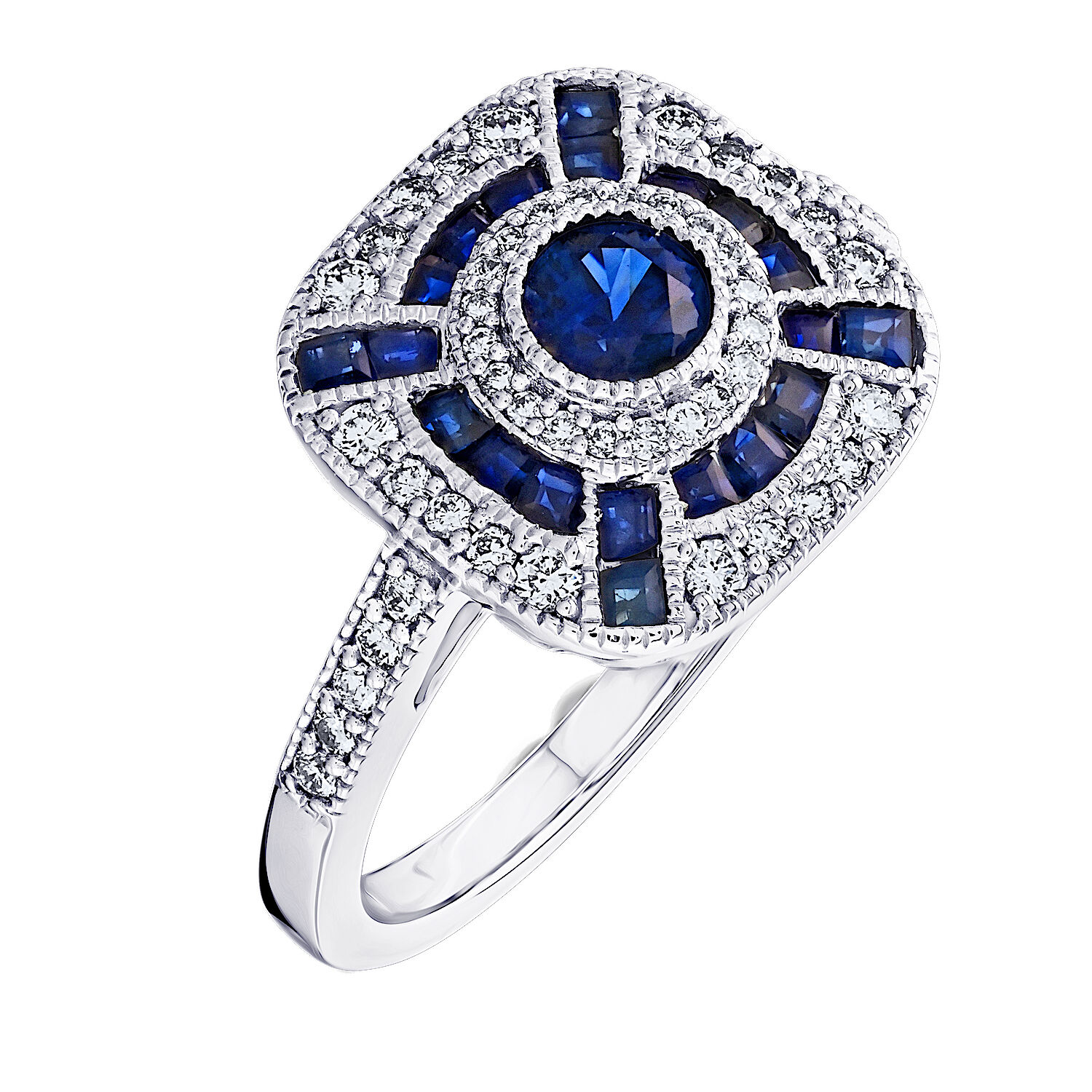 Vintage Treasures&trade; 14k White Gold Antique Style Filigree Sapphire & Diamond Cushion Shape Ring Diamond & Blue Sapphire 1.17 Ctw