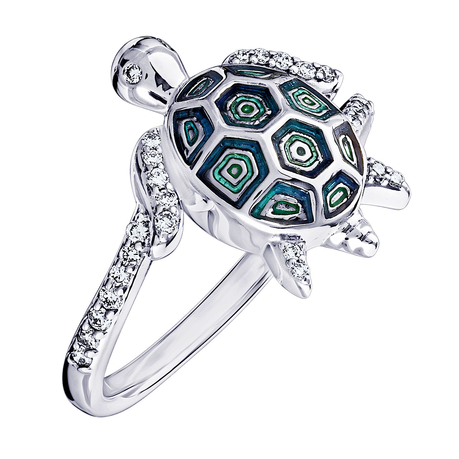 Oceanity&trade; 14K White Gold Ring Enamel Turtle Bypass Shank Diamond Flippers Diamond 0.18 Ctw
