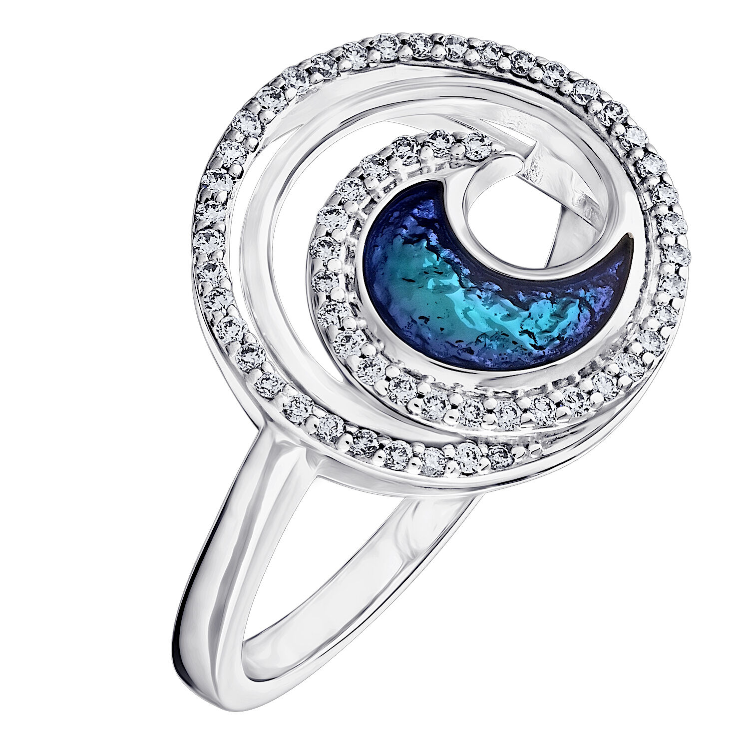 Oceanity&trade; 14K White Gold Ring Enamel Wave Diamond Circle Surround Diamond 0.17 Ctw