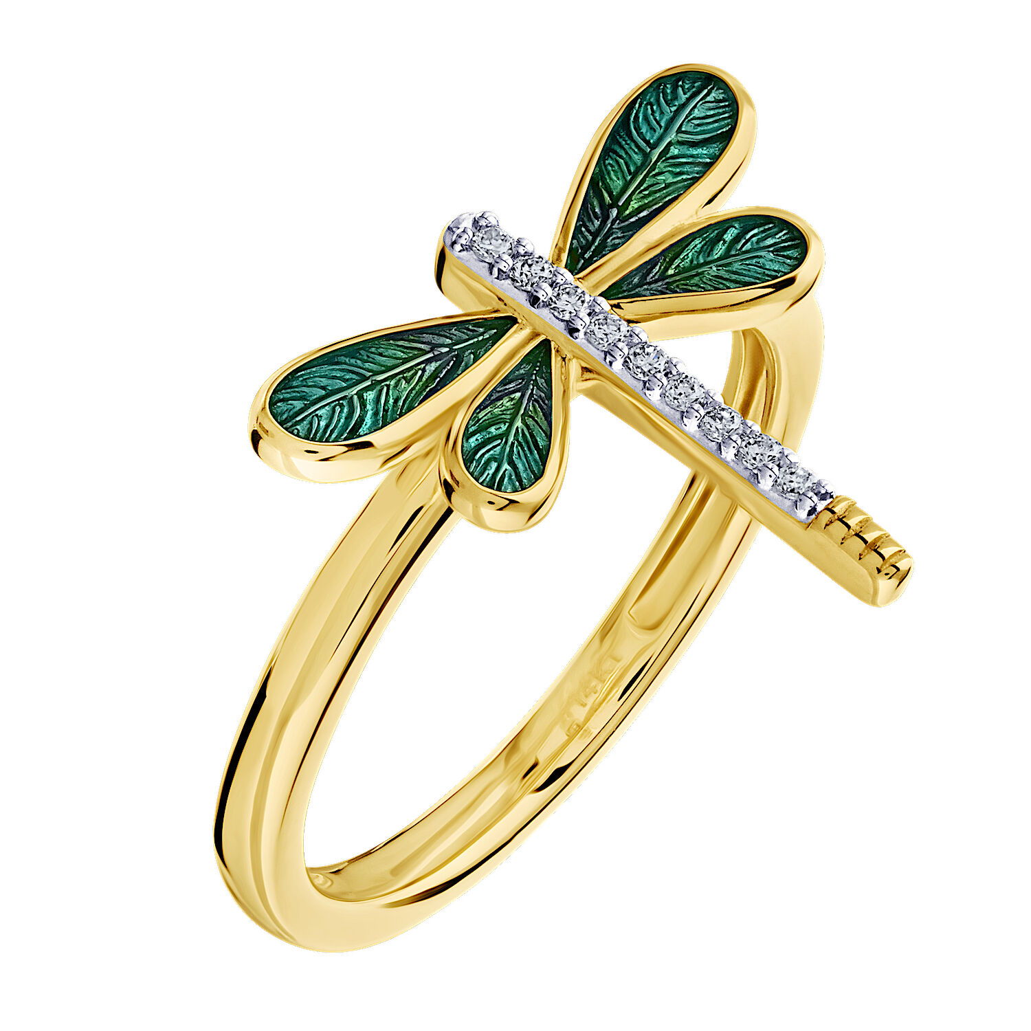 ZooLightful&trade; 14K Yellow Gold Enamel Wings Dragon Fly Diamond Body Ring Diamond 0.05 Ctw