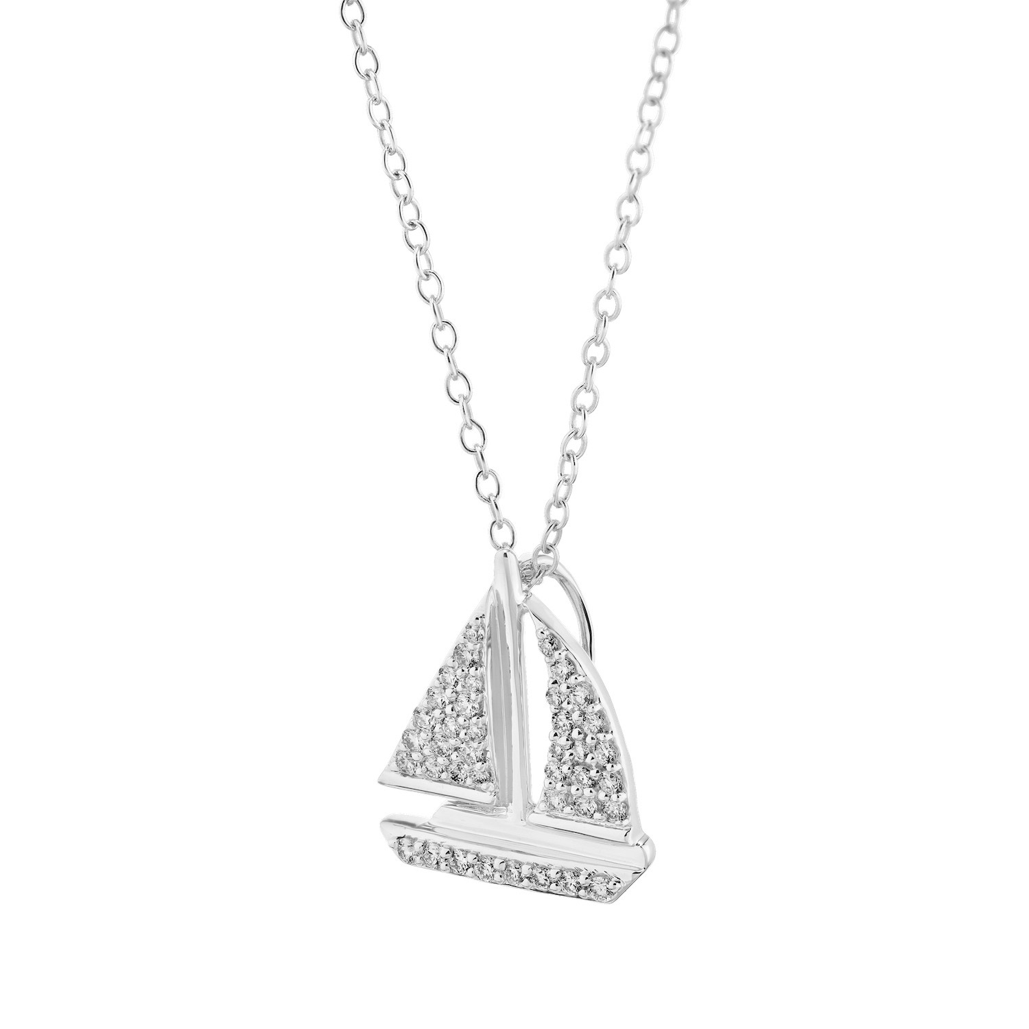BluSea&trade; 14K White Gold Pendant Pave Sail Boat Hidden Bail Diamond 0.22 Ctw
