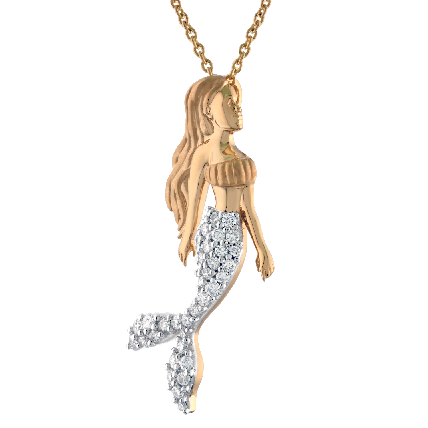 Oceanity&trade; 14K Yellow Gold Pendant Mermaid Pave Fish Tail with Chain Diamond 0.26 Ctw