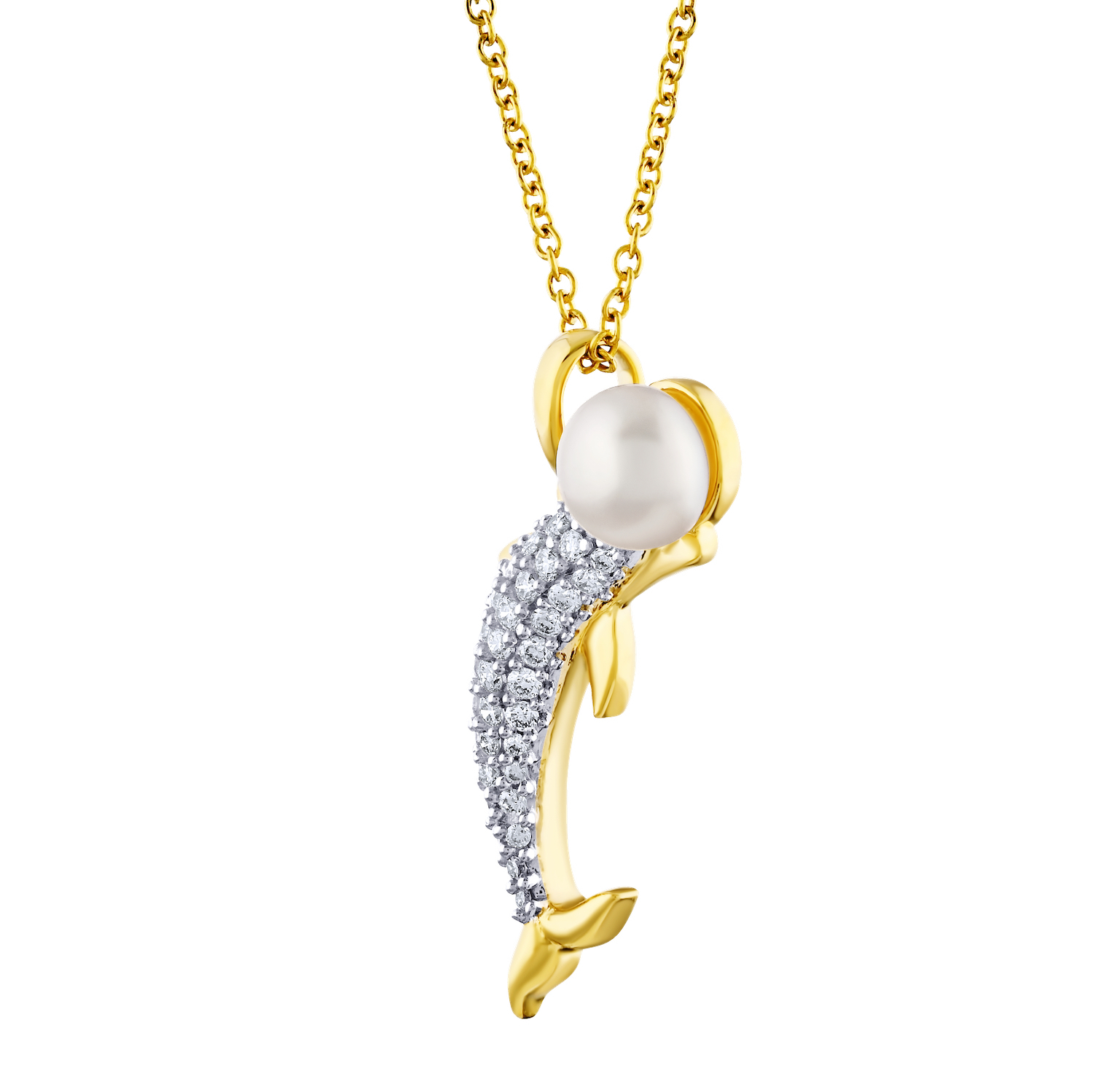 Oceanity&trade; 14K Yellow Gold Pendant Pave Dolphin with Pearl Nose Diamond 0.19 Ctw