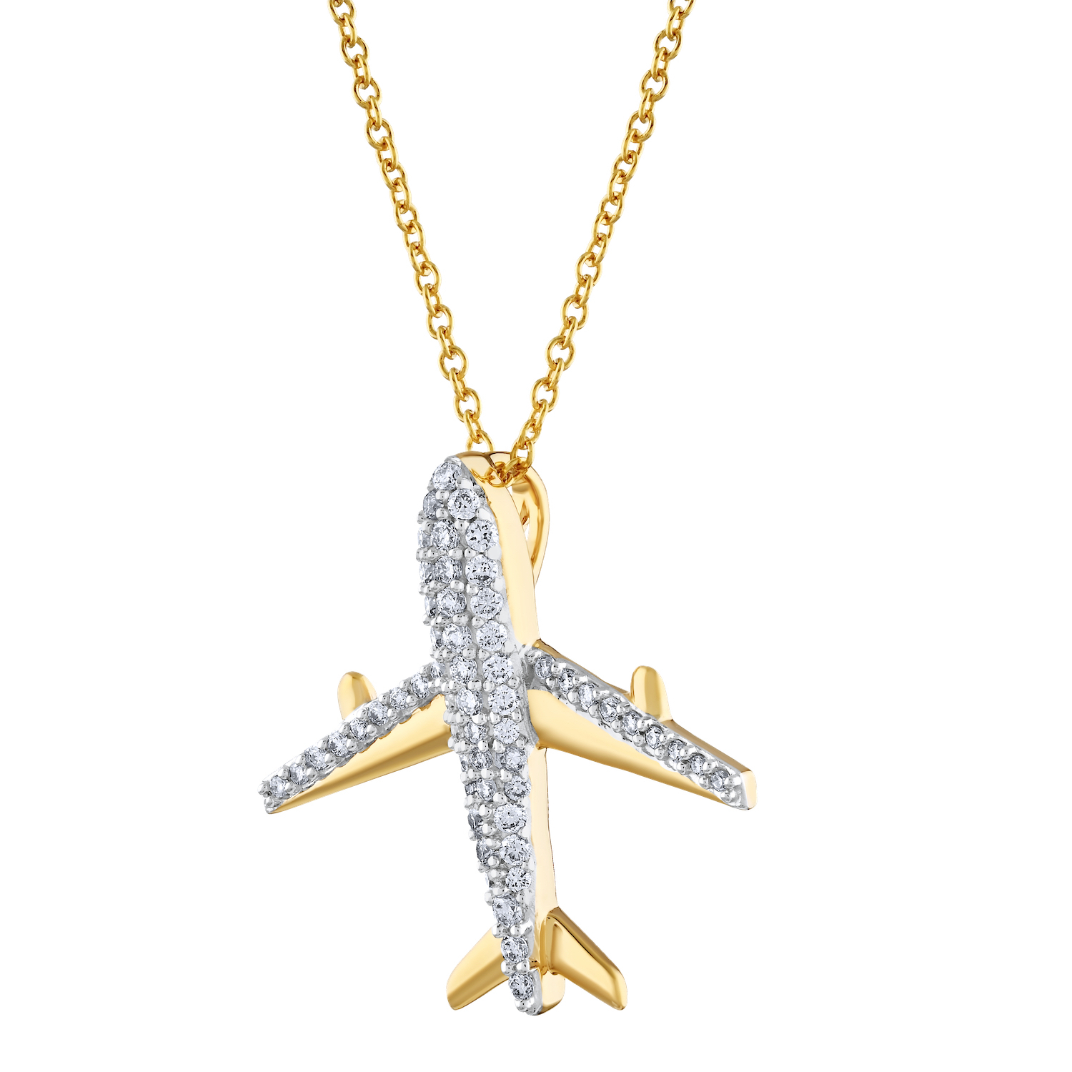 14K Yellow Gold Plane with Pave Set Body & Wings Diamond Pendant 0.21 Ctw