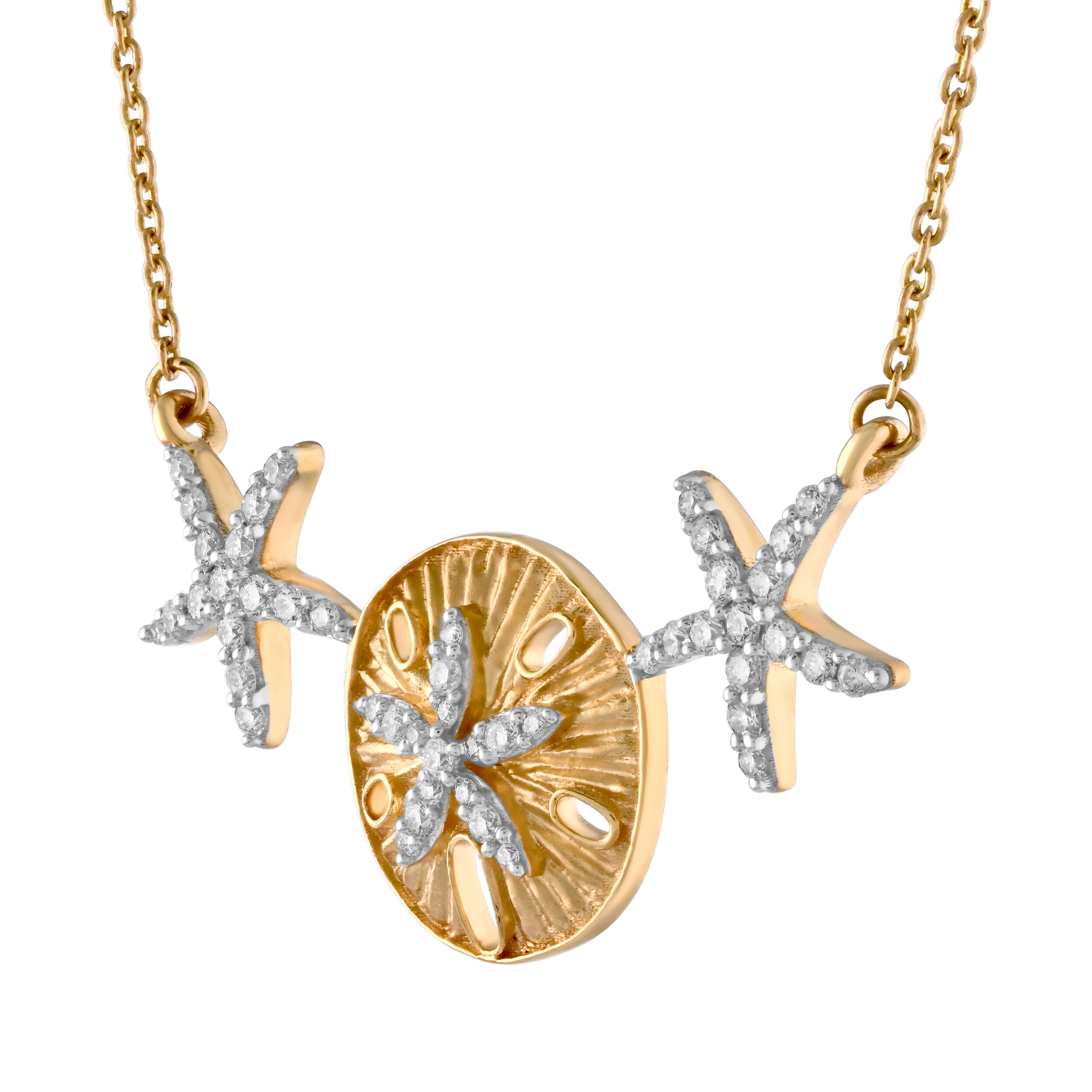 Oceanity&trade; 14K Yellow Gold Necklace Necklace Sand Dollar with Starfish Center and Starfish on Sides Diamond 0.27 Ctw