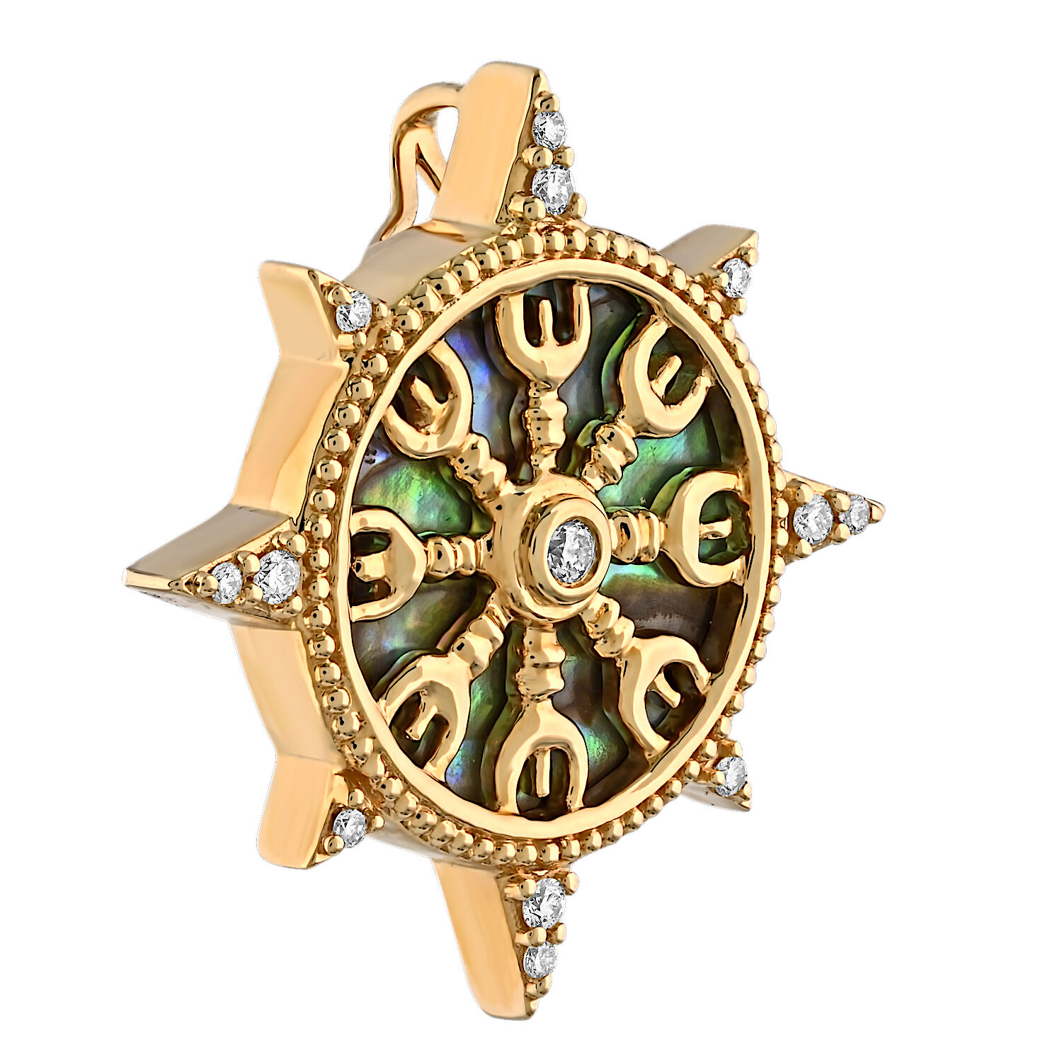 BluSea&trade; 14K Yellow Gold Pendant Compass Inlaid Face Hidden Bail Diamond Abelone 0.10 Ctw