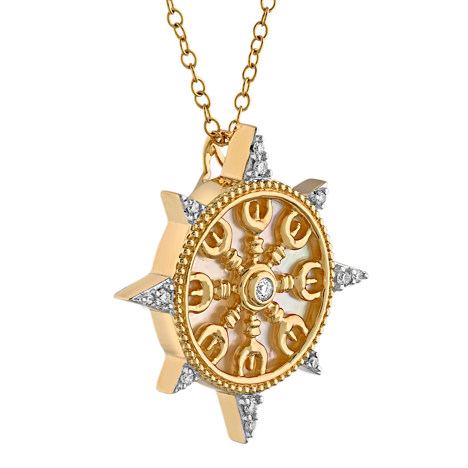 BluSea&trade; 14K Yellow Gold Pendant Compass Inlaid Face Hidden Bail Diamond Mother of Pearl 0.10 Ctw