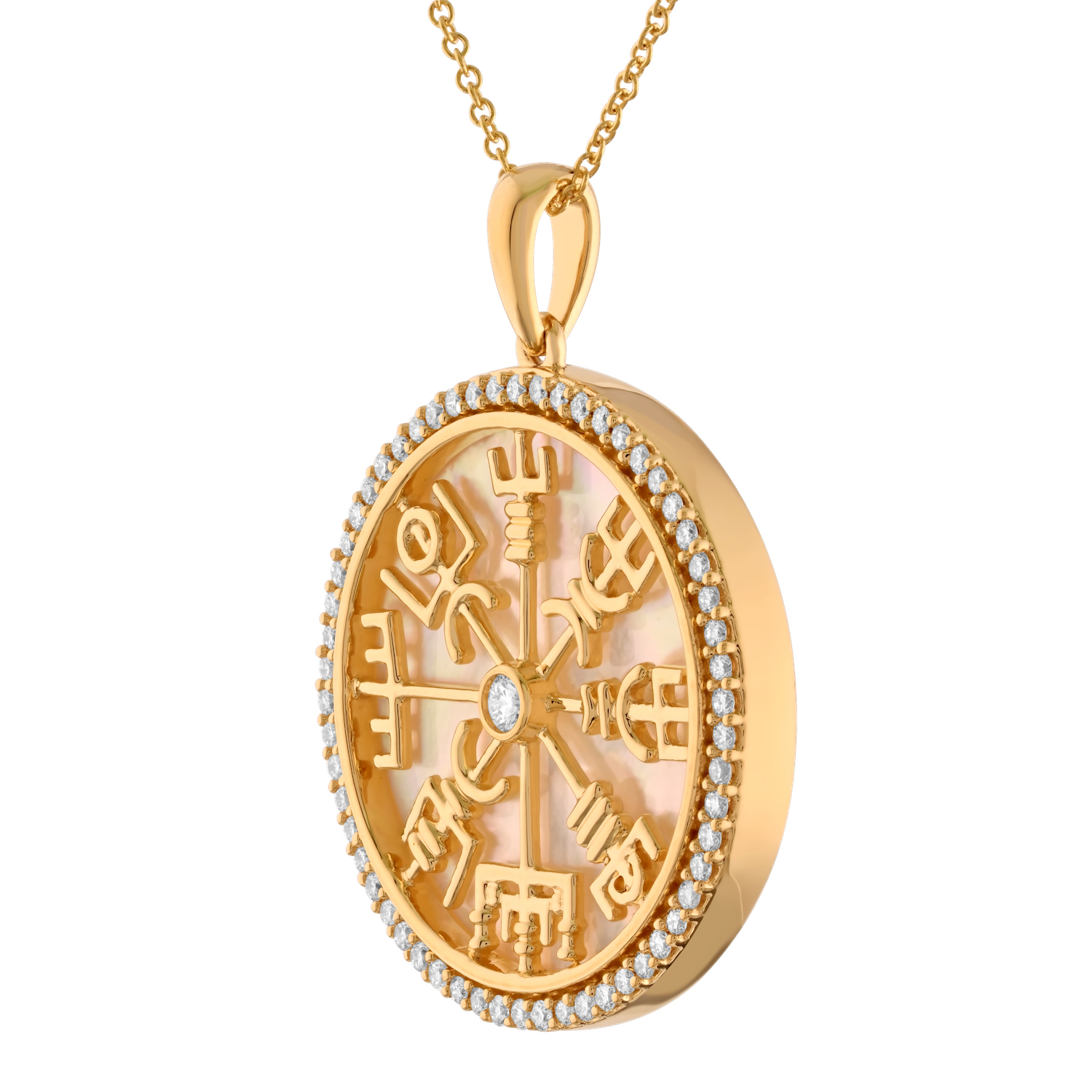 BluSea&trade; 14K Yellow Gold Pendant Mother of Pearl Face Compass Diamond Frame Diamond 0.40 Ctw