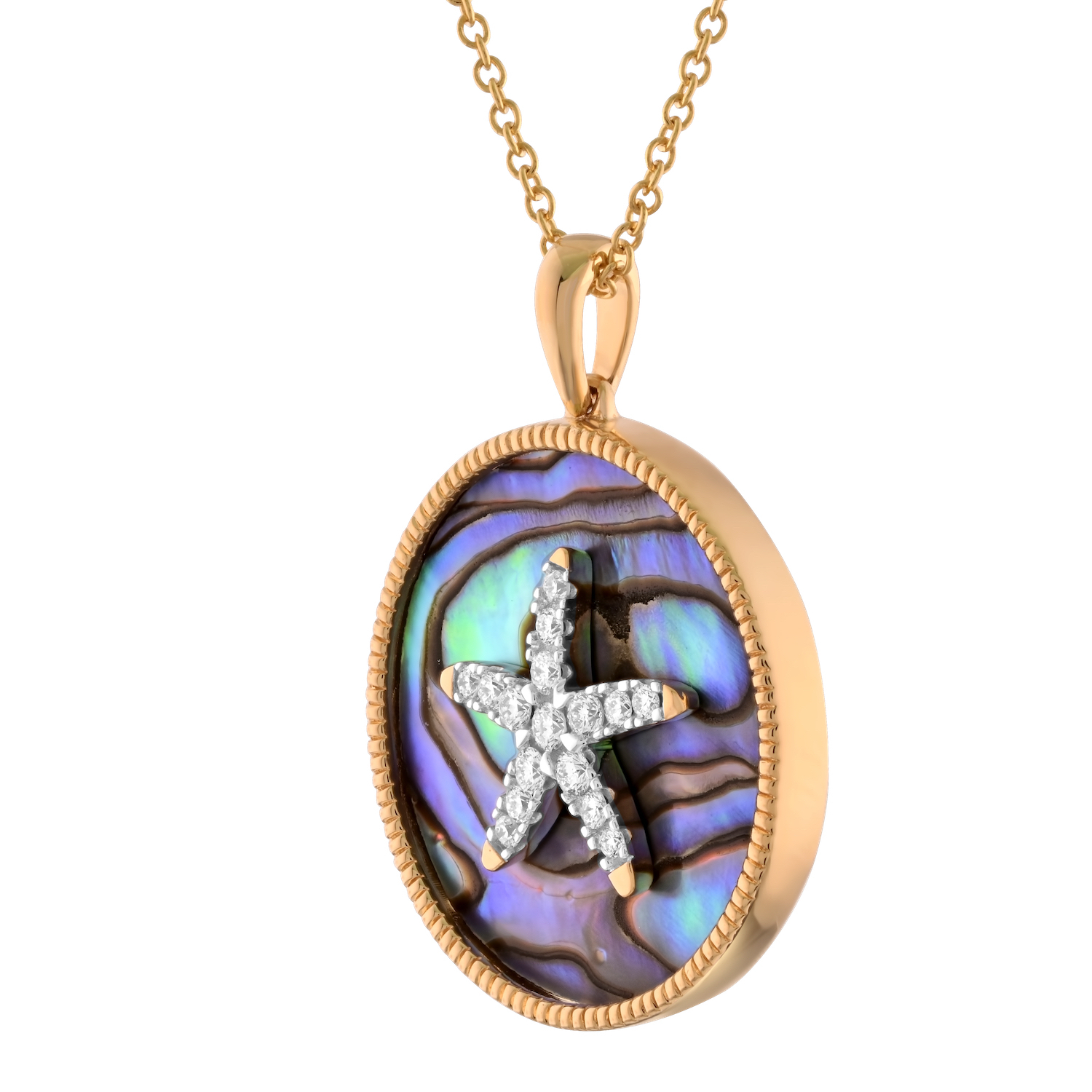 Oceanity&trade; 14K Yellow Gold Pendant Disc Inlaid with Abalone Starfish Center Diamond 0.14 Ctw