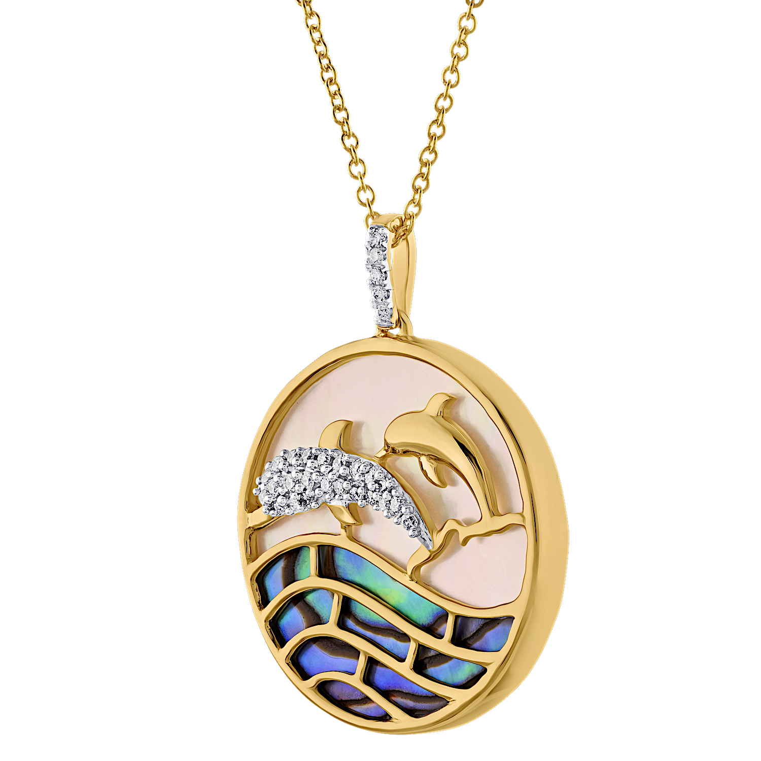Oceanity&trade; 14K White Gold Pendant Inlaid Abalone with Dolphins Diamond 0.12 Ctw
