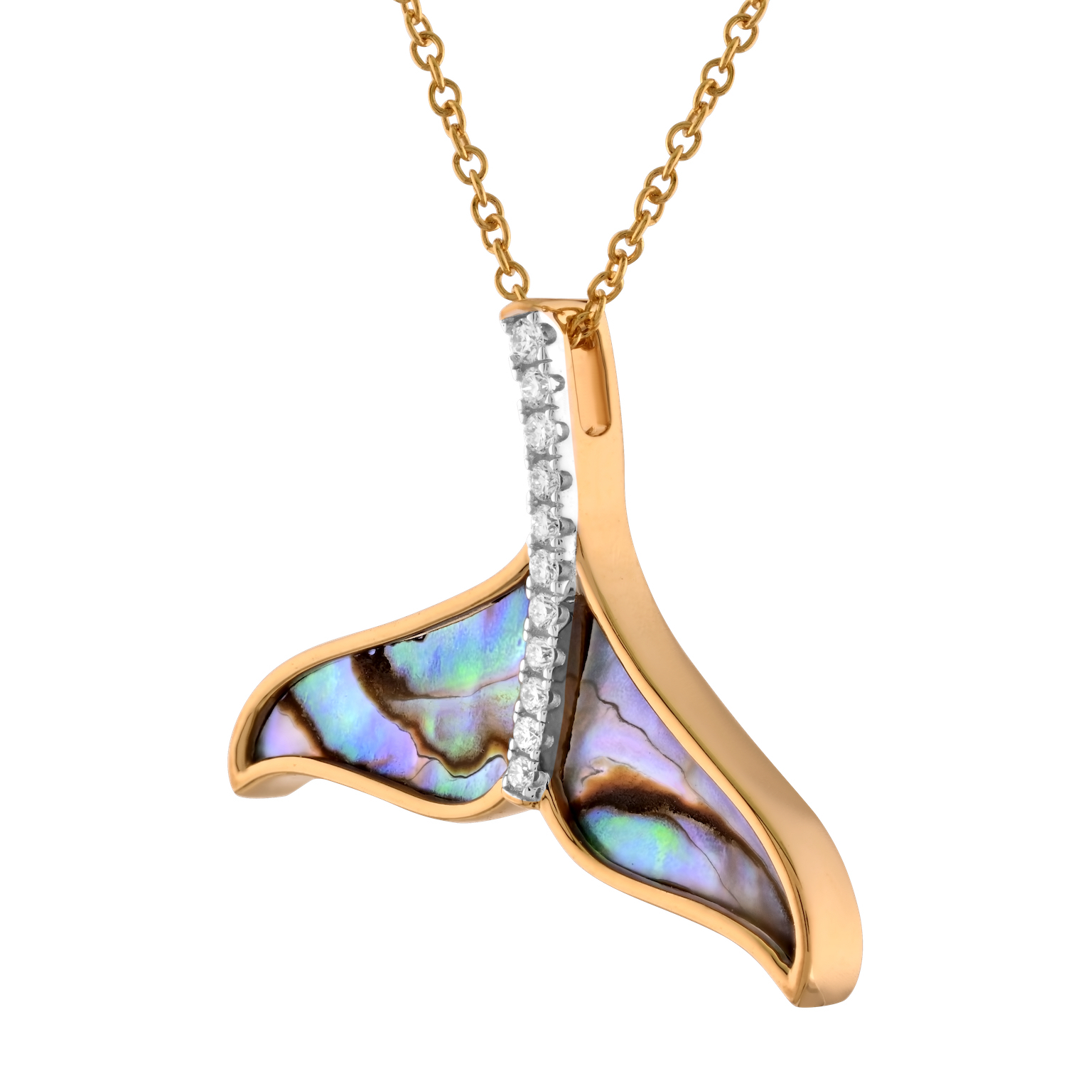 Oceanity&trade; 14K Yellow Gold Pendant Abalone Inlaid Whale Tail Diamond Rib Diamond 0.08 Ctw