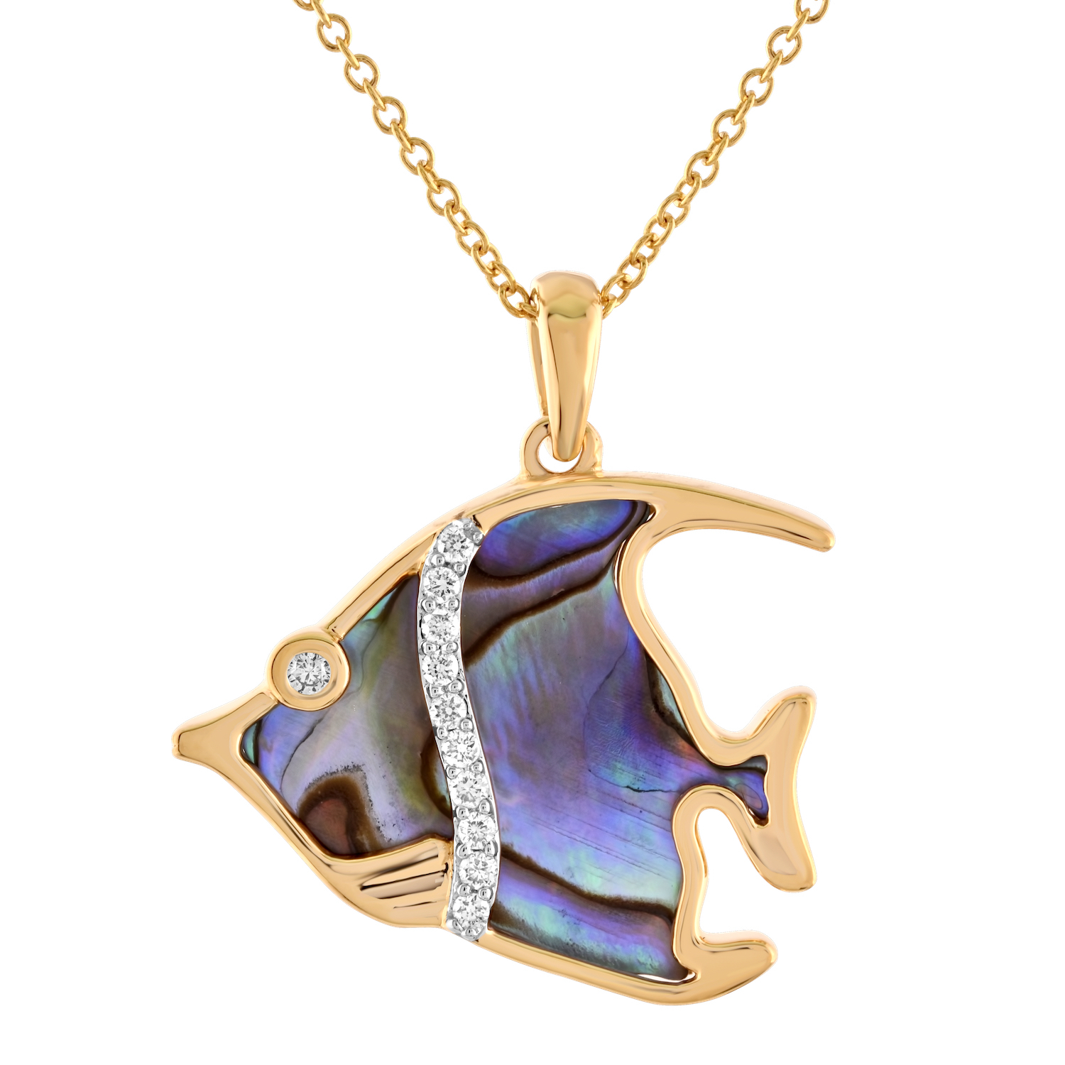 Oceanity&trade; 14K Yellow Gold Pendant Angel Fish Inlaid Abalone Diamond 0.08 Ctw