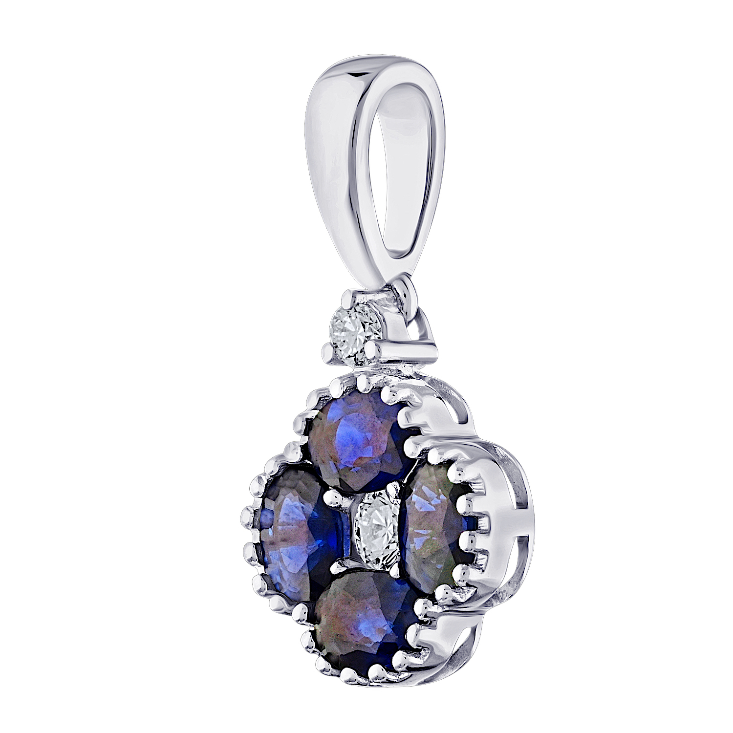 Majestic Gems&trade; 14k White Gold Color Clover Milgrain Edge Diamond Center Blue Sapphire & Diamond 0.71 Ctw