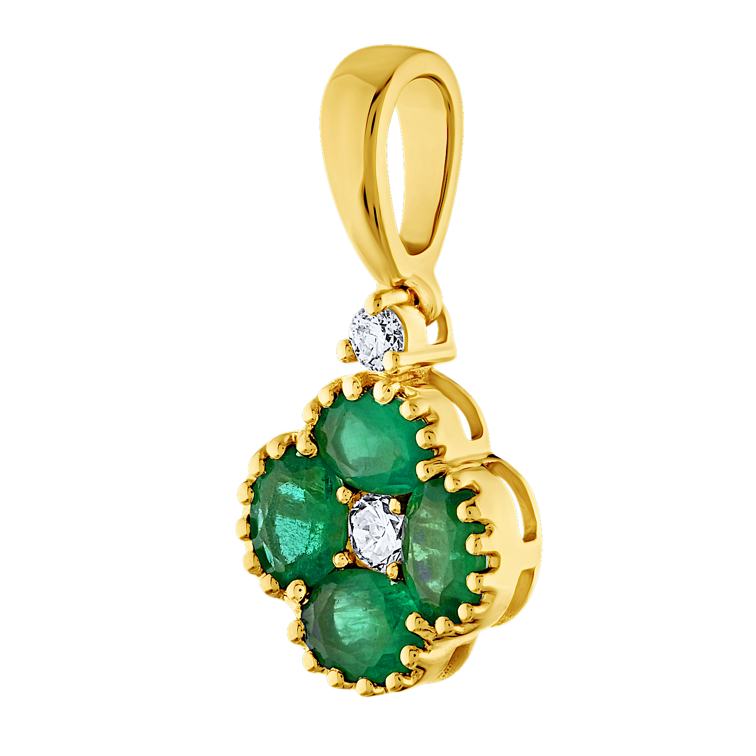 Majestic Gems&trade; 14k Yellow Gold Color Clover Milgrain Edge Diamond Center Emerald & Diamond 0.71 Ctw