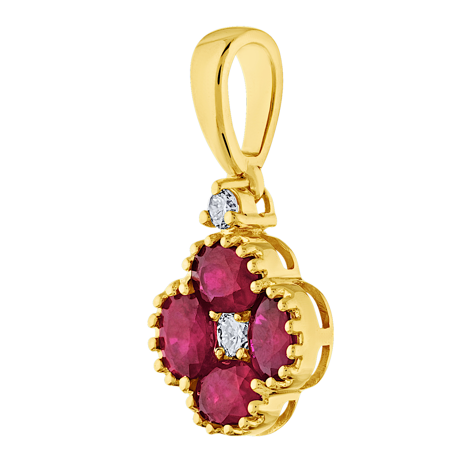 Majestic Gems&trade; 14k Yellow Gold Color Clover Milgrain Edge Diamond Center Ruby & Diamond 0.71 Ctw