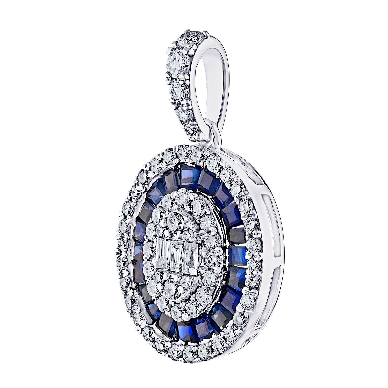 Vintage Treasures&trade; 14k White Gold Antique Style Round with Sapphire Baguettes & Round Diamonds Pendant Diamond & Blue Sapphire 0.86 Ctw
