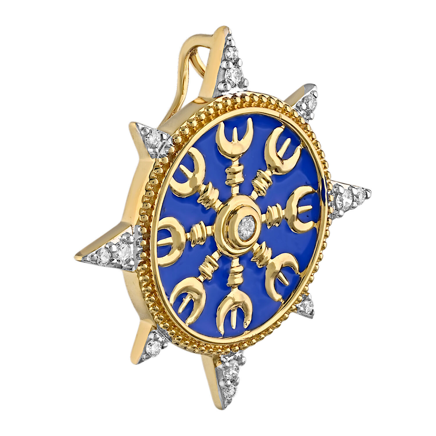 BluSea&trade; 14K Yellow Gold Pendant Enamel Viking Compass Diamond Points Diamond 0.10 Ctw