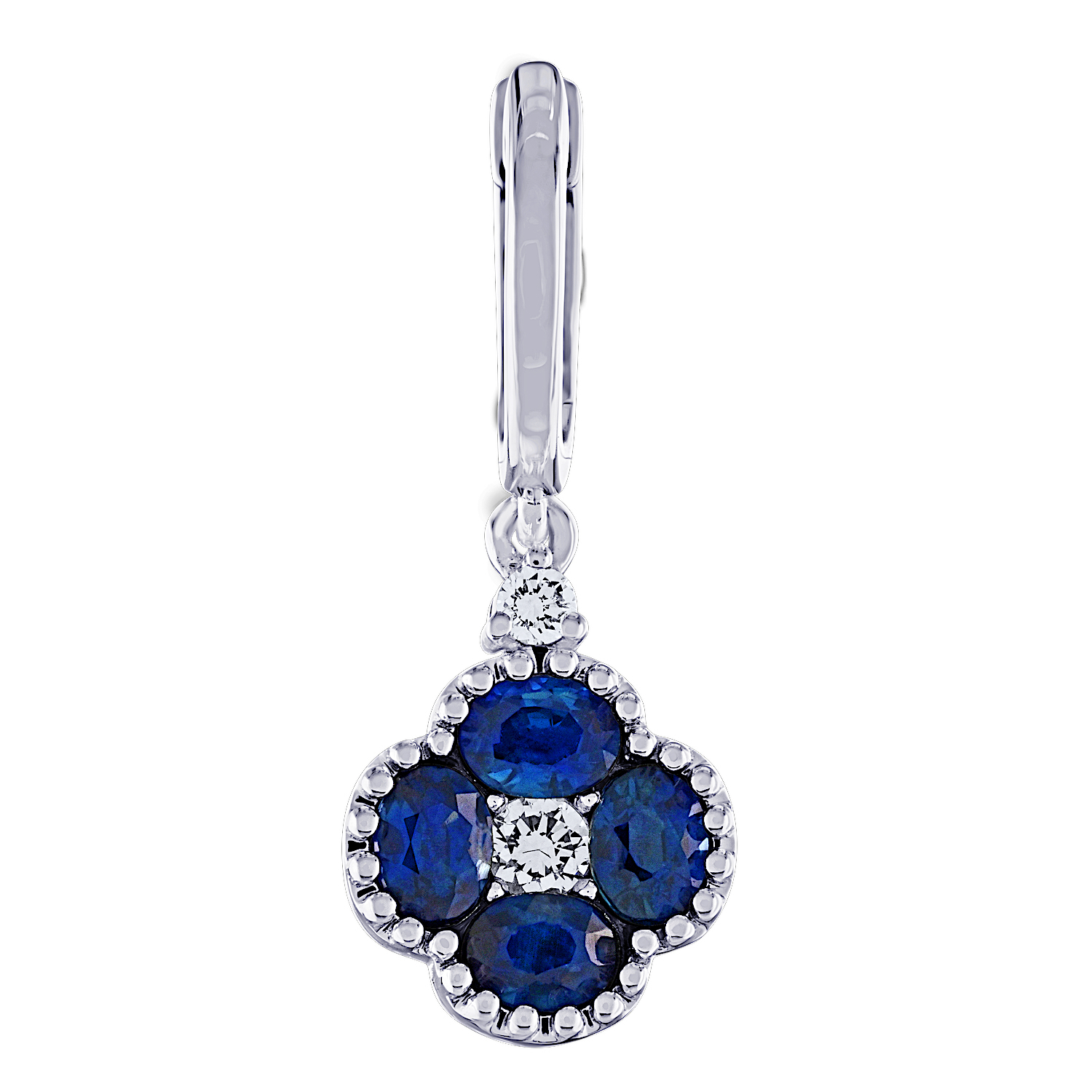 Majestic Gems&trade; 14k White Gold Color Clover Drop Milgrain Edge Plain Hoop Blue Sapphire & Diamond 1.33 Ctw
