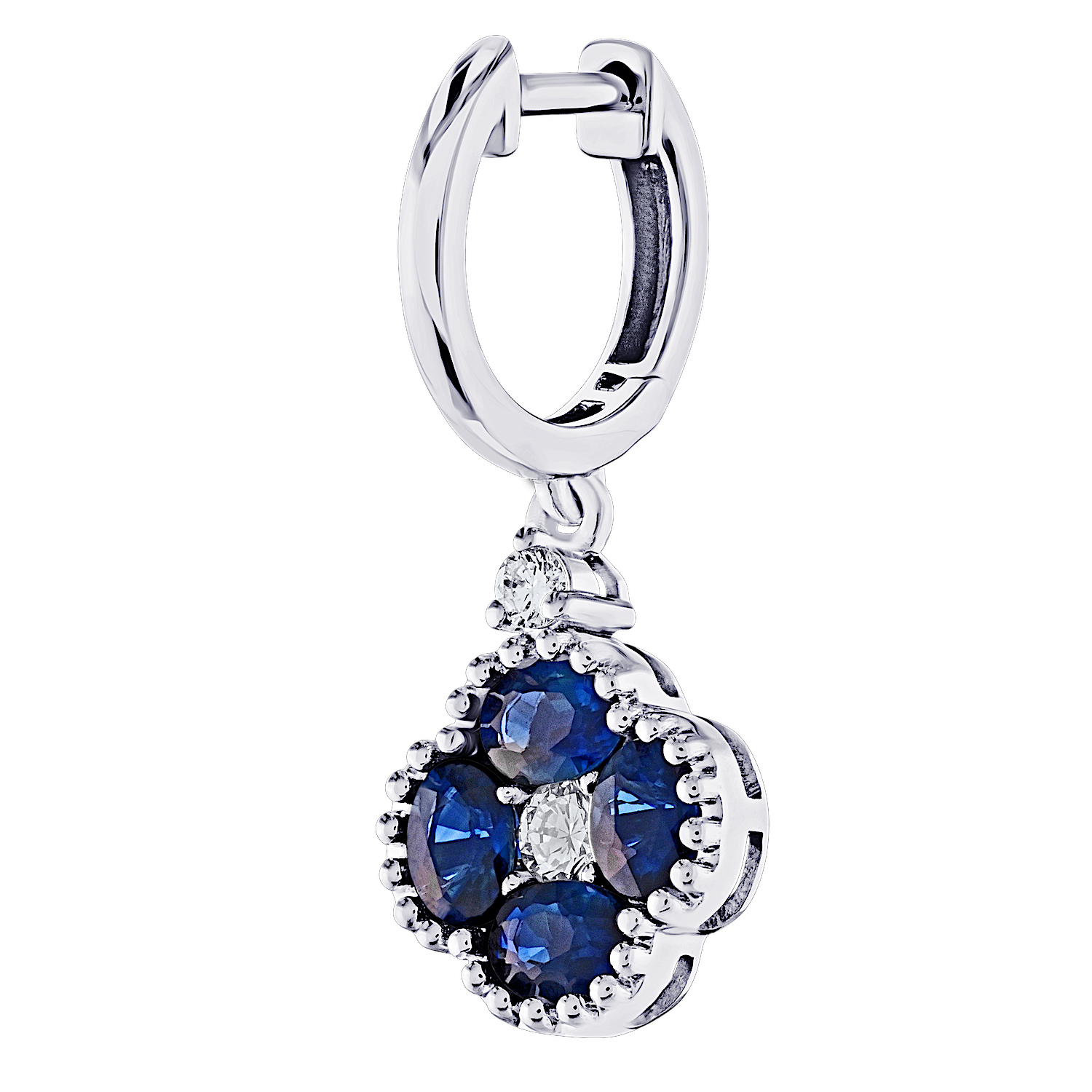Majestic Gems&trade; 14k White Gold Color Clover Drop Milgrain Edge Plain Hoop Blue Sapphire & Diamond 1.33 Ctw