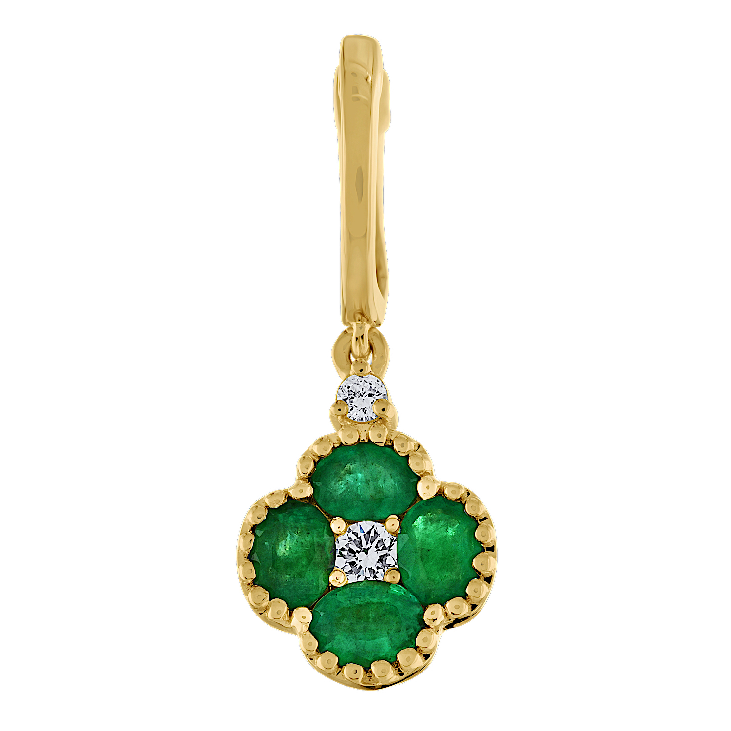 Majestic Gems&trade; 14k Yellow Gold Color Clover Drop Milgrain Edge Plain Hoop Emerald & Diamond 1.33 Ctw