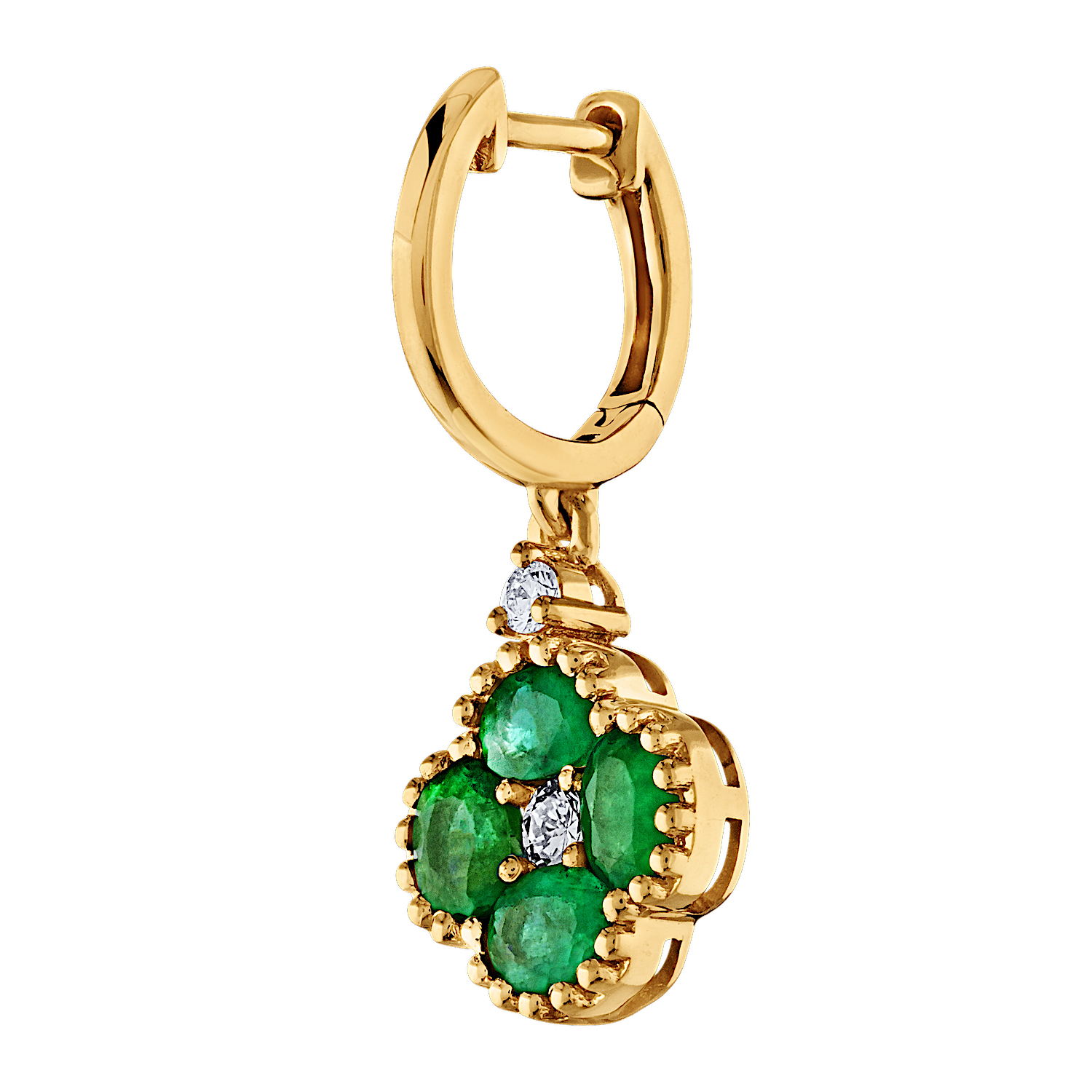 Majestic Gems&trade; 14k Yellow Gold Color Clover Drop Milgrain Edge Plain Hoop Emerald & Diamond 1.33 Ctw