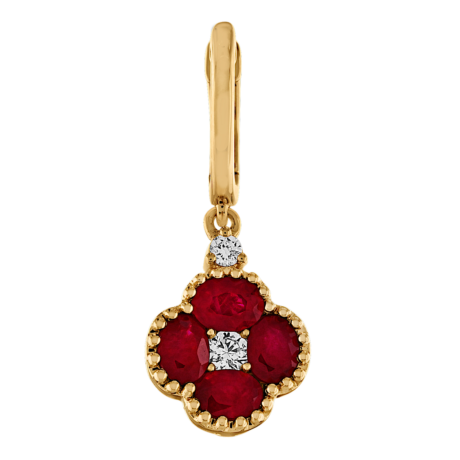 Majestic Gems&trade; 14k Yellow Gold Color Clover Drop Milgrain Edge Plain Hoop Ruby & Diamond 1.33 Ctw
