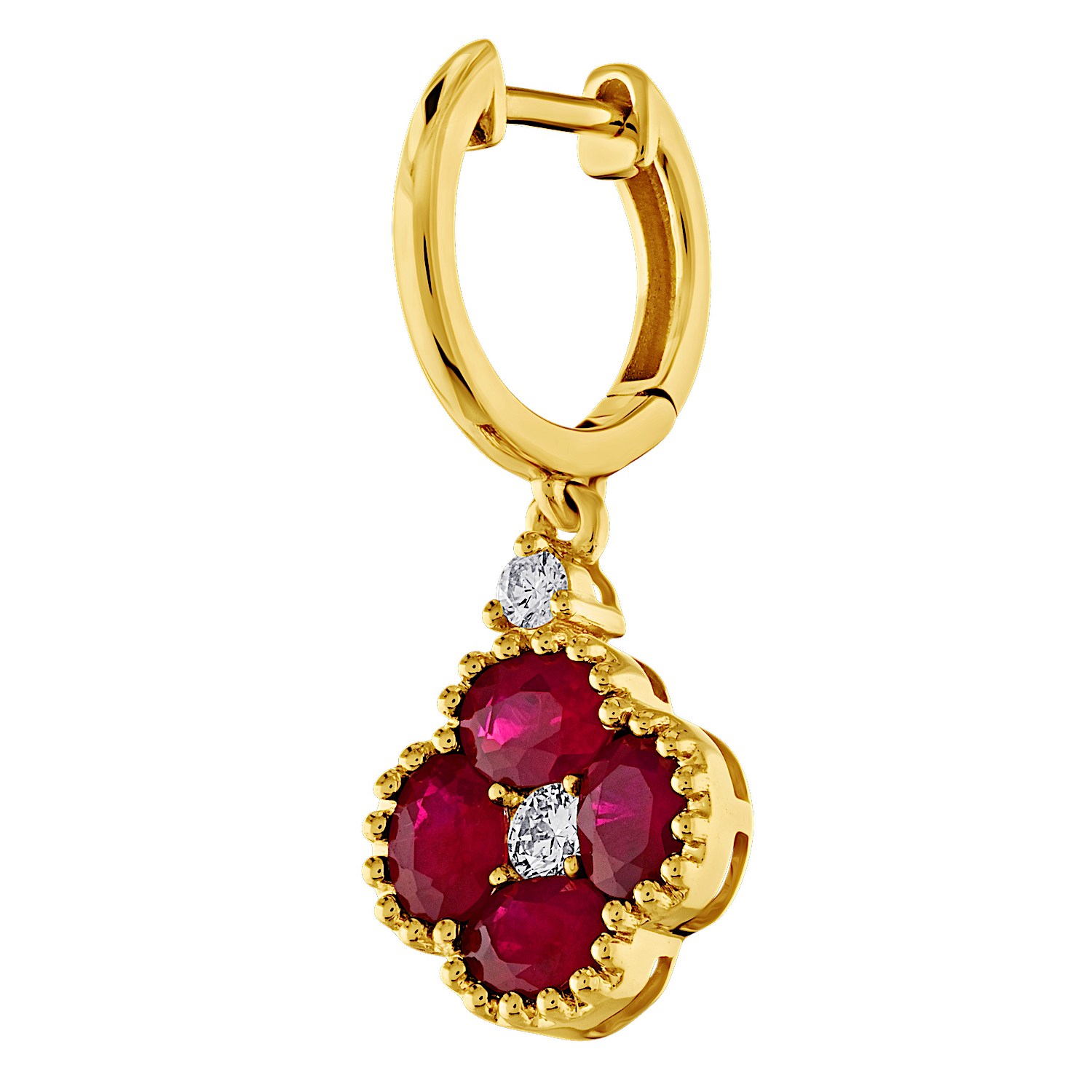 Majestic Gems&trade; 14k Yellow Gold Color Clover Drop Milgrain Edge Plain Hoop Ruby & Diamond 1.33 Ctw